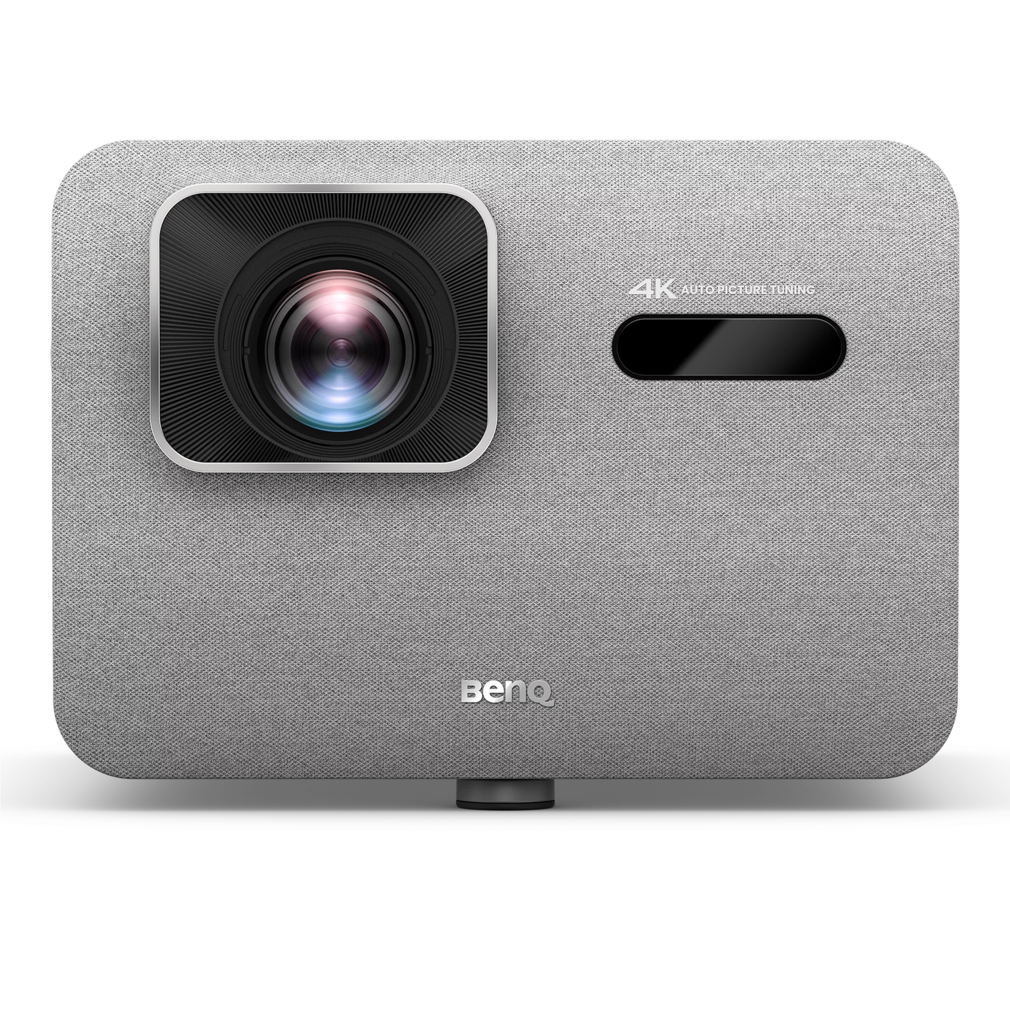 Ein grauer Projektor mit Linse, schwarzem Balken und BenQ-Logo. Er hat den Text '4K Auto Picture Tuning'.