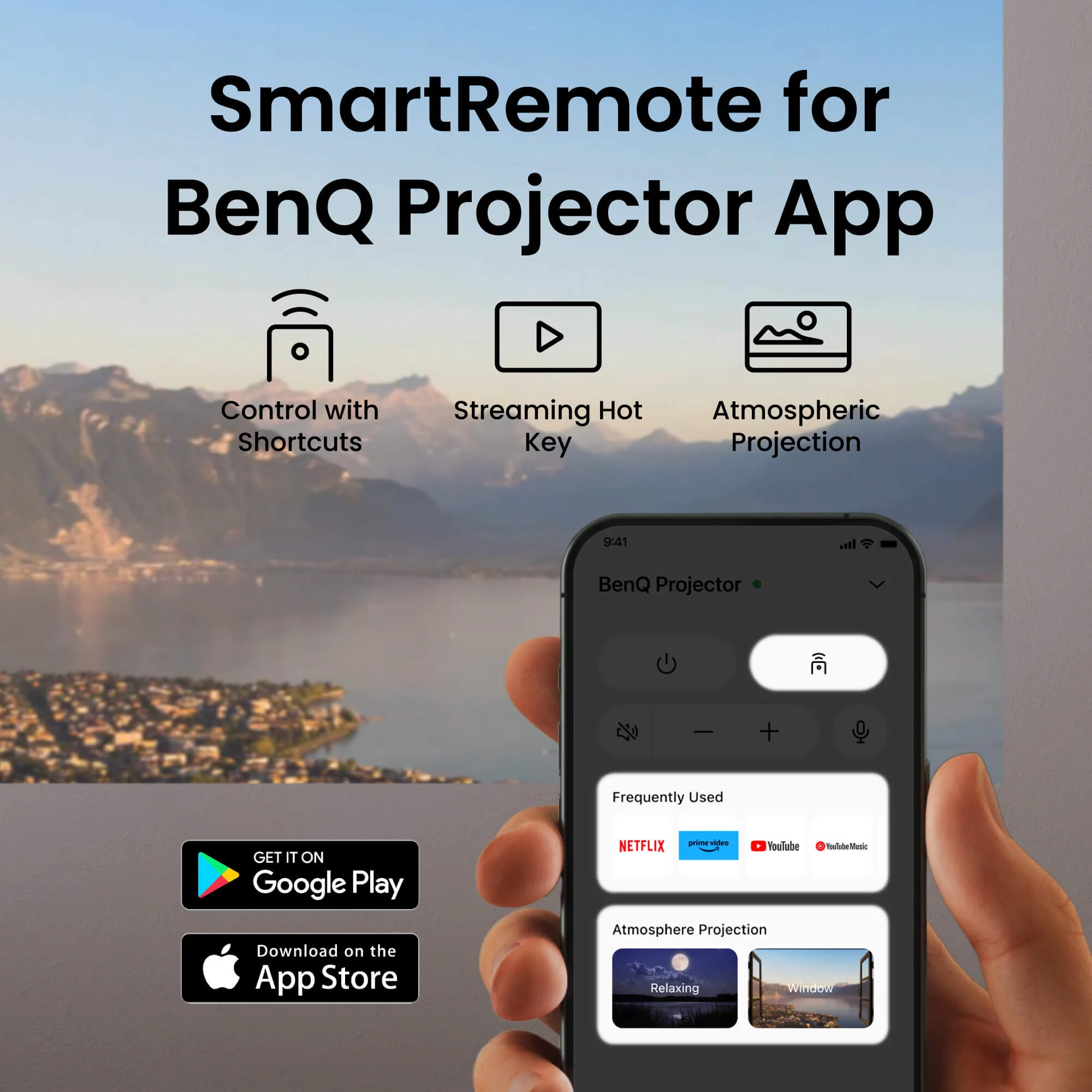 Ein Telefon zeigt die BenQ-Projektor-App. Symbole stehen für Verknüpfungen, Streaming und atmosphärische Projektion. Der Hintergrund ist ein See.