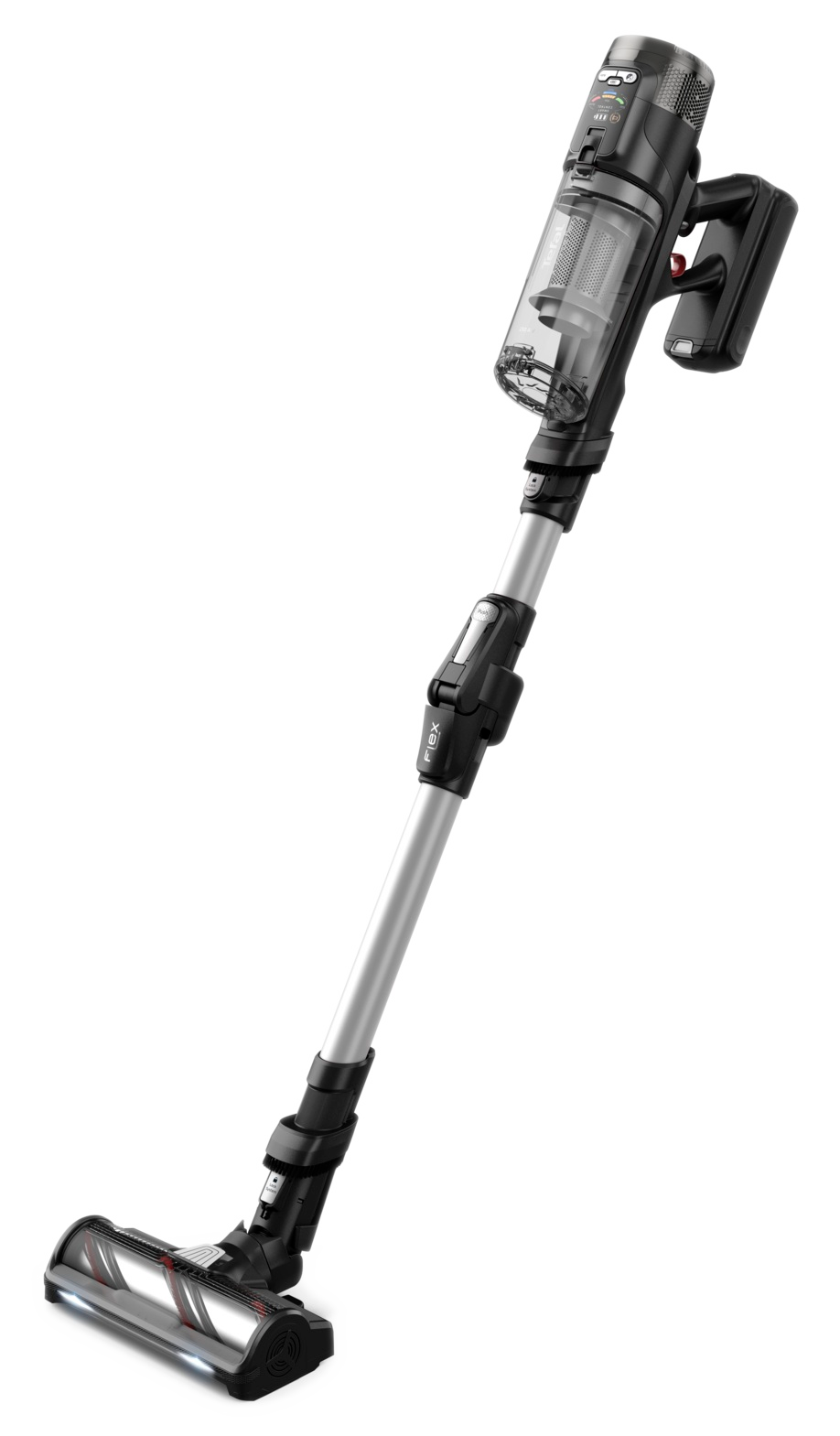 Czarny i srebrny odkurzacz bezprzewodowy. Ma długi uchwyt, głowicę szczotkową i pojemnik na kurz. Tło jest czarne.