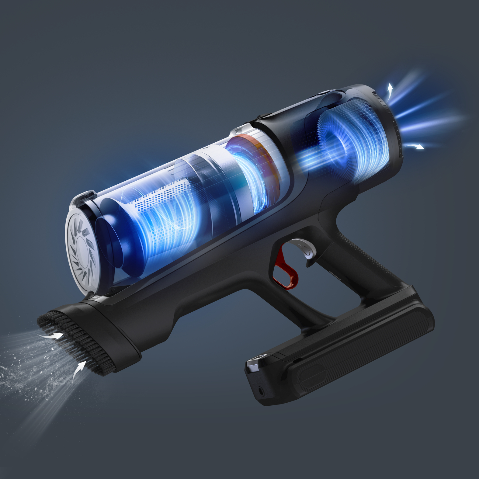 Czarny odkurzacz bezprzewodowy z przezroczystymi elementami wewnętrznymi pokazującymi niebieski przepływ powietrza. Czerwony spust. Kurz i powietrze wydostają się.