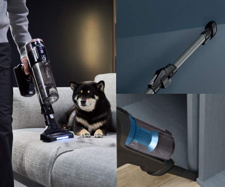 Osoba trzyma odkurzacz w pobliżu psa na sofie. Inne zdjęcia pokazują szczegóły i użycie odkurzacza.