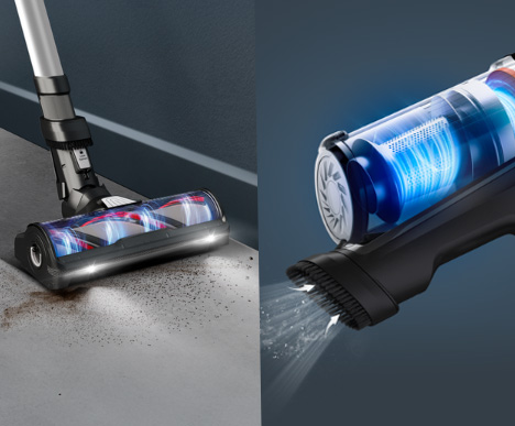 Odkurzacz bezprzewodowy w akcji, pokazujący głowicę na ziemi z brudem i szczegółowy widok jego wewnętrznych elementów.