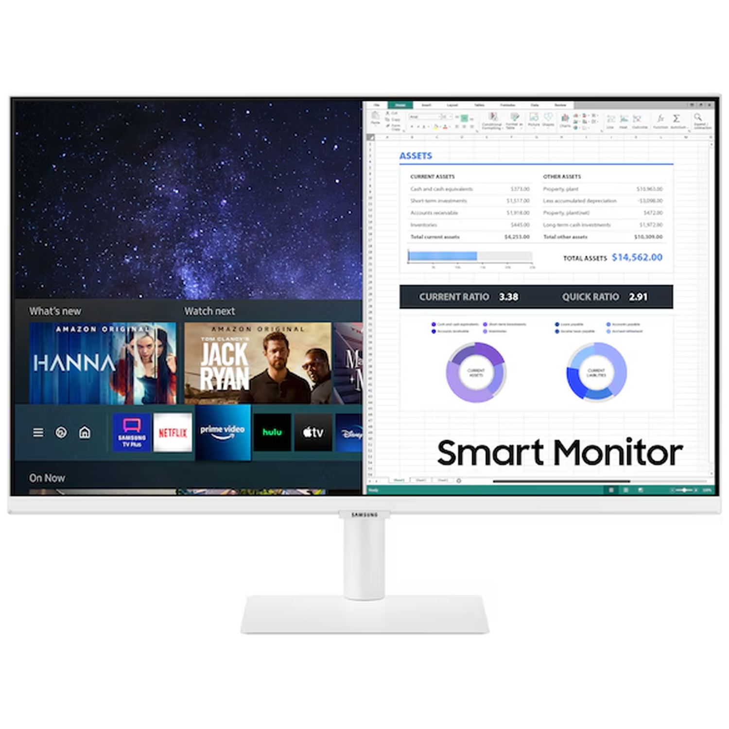 A white Smart Monitor displays a starry sky, streaming services, and financial data with 'Smart Monitor' text.