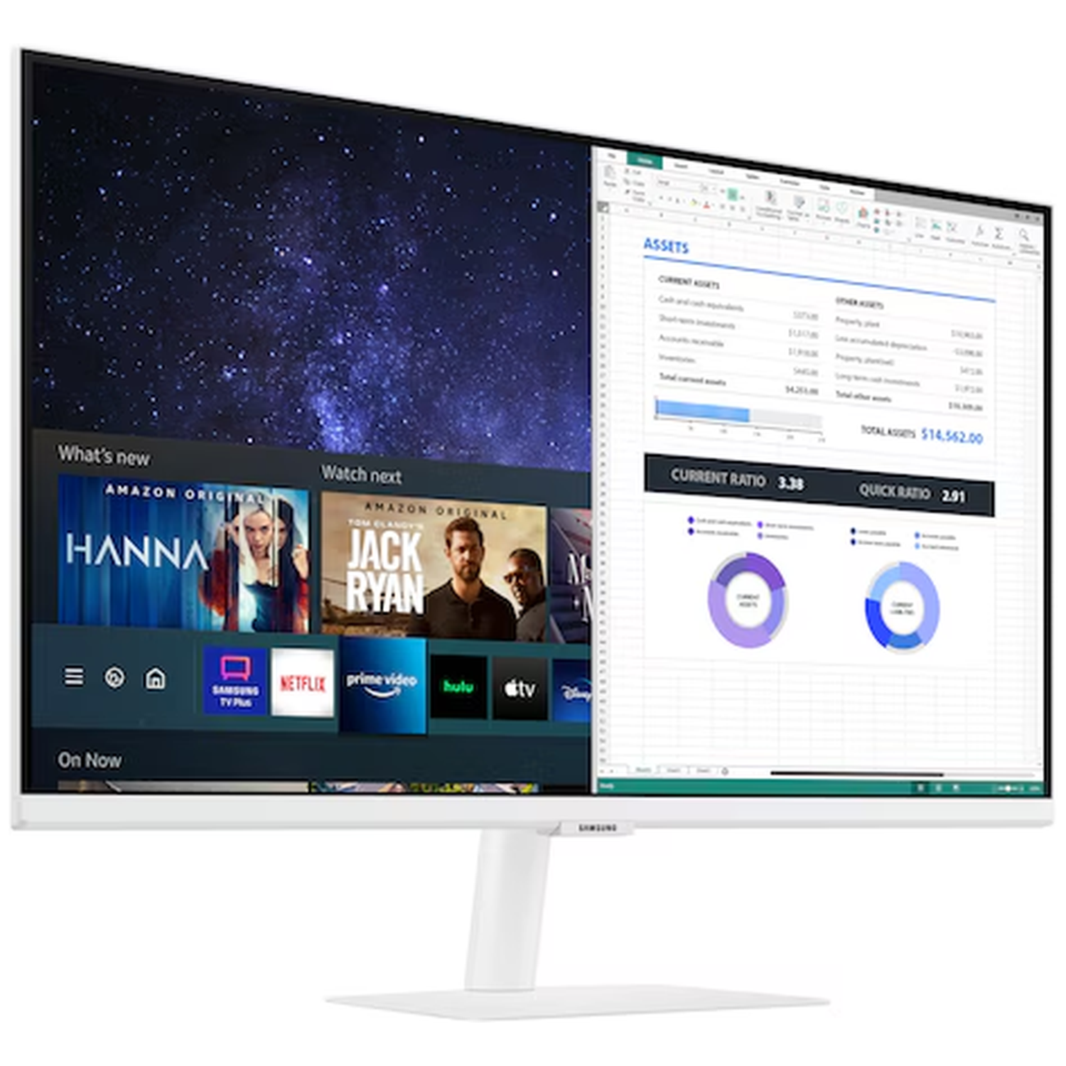 A white Samsung monitor displays a split screen. One side shows streaming options, the other a spreadsheet with financial data.