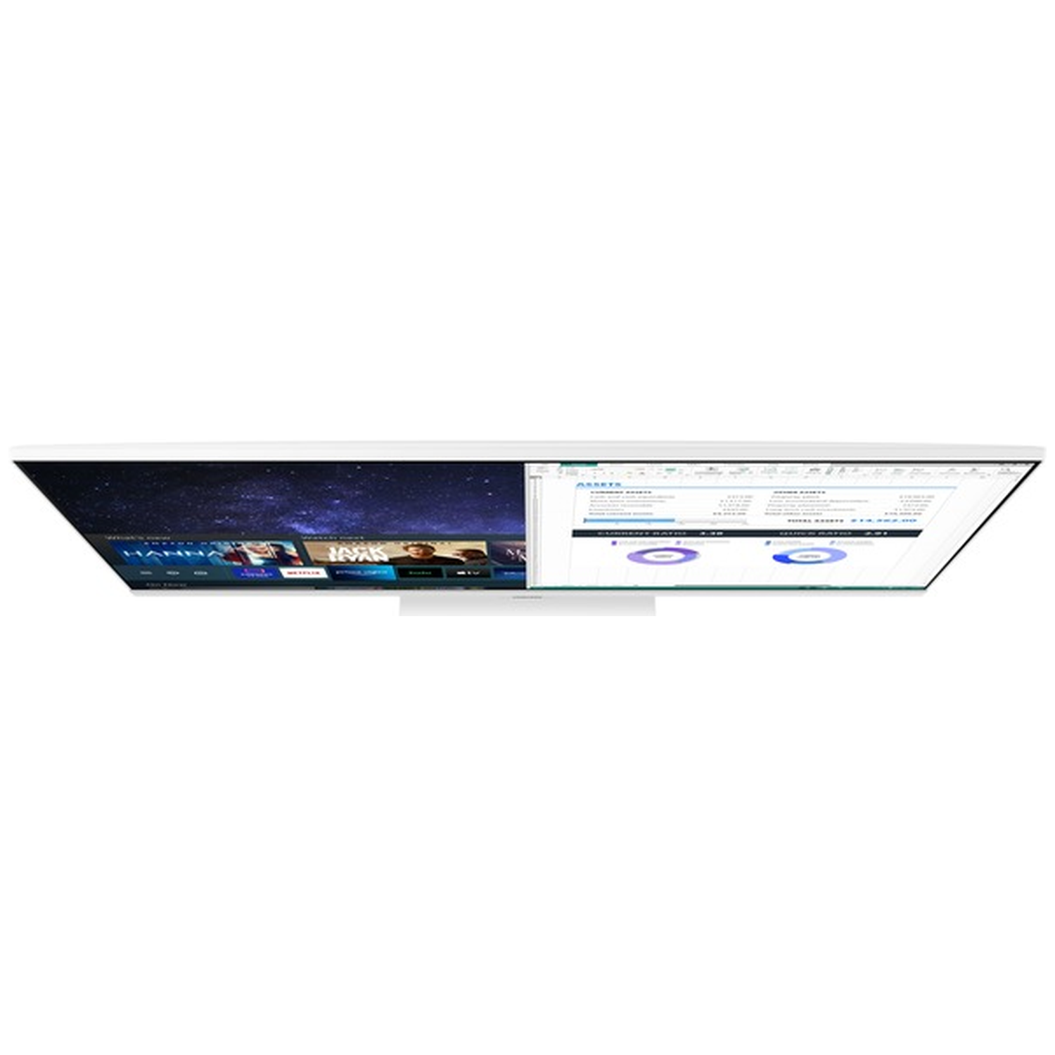 A white computer monitor displays two windows. One shows a starry sky and movie titles, the other a spreadsheet.