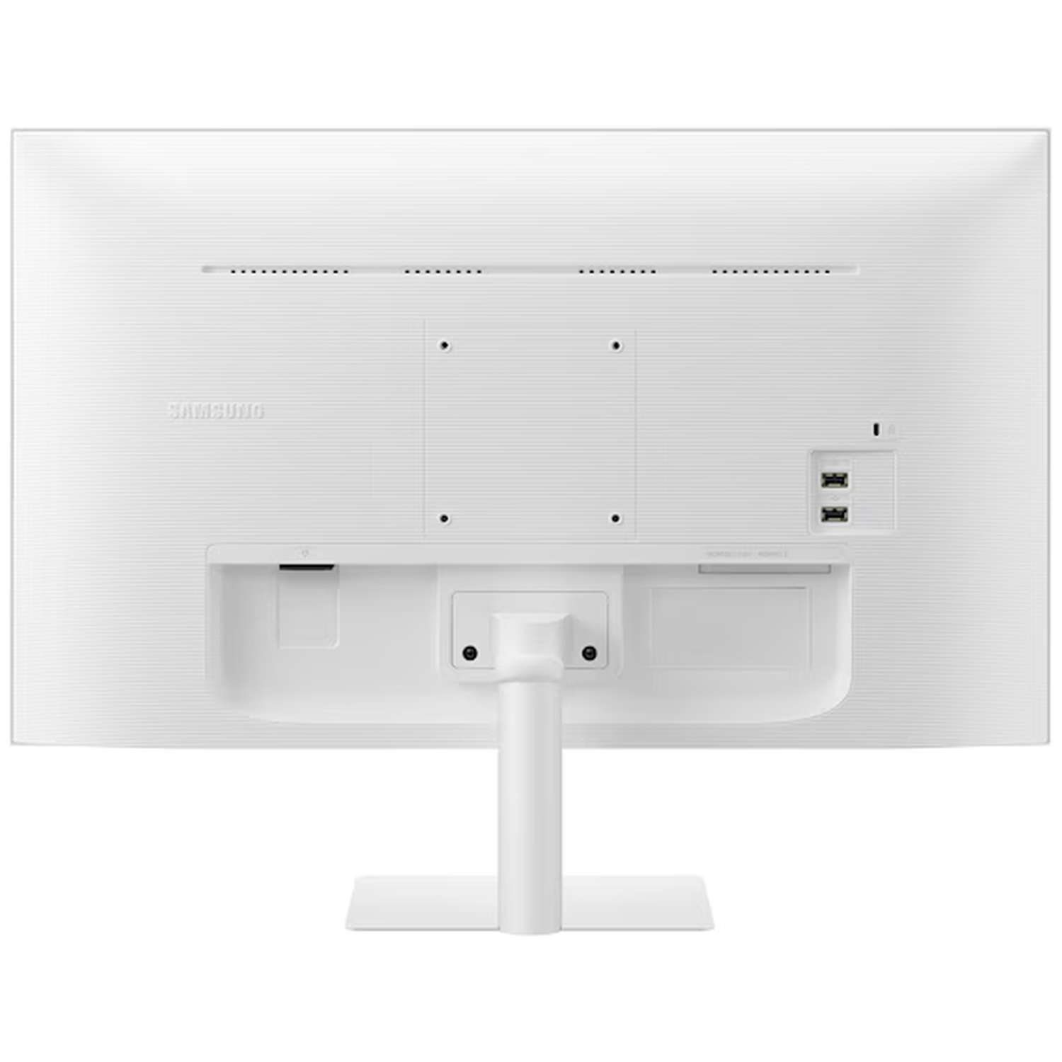 The back of a white Samsung monitor. It has ports, a stand, and the Samsung logo. It's a clean, modern design.