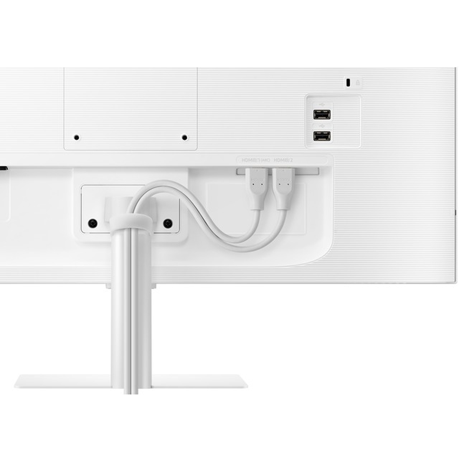 Rear of a white computer monitor. Cables and ports are visible. Stand is also white. HDMI ports are labelled.
