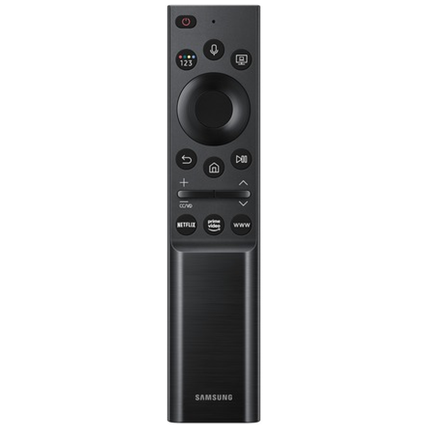 A black Samsung remote control. It has many buttons, including power, voice, numbers, and Netflix. The bottom says Samsung.