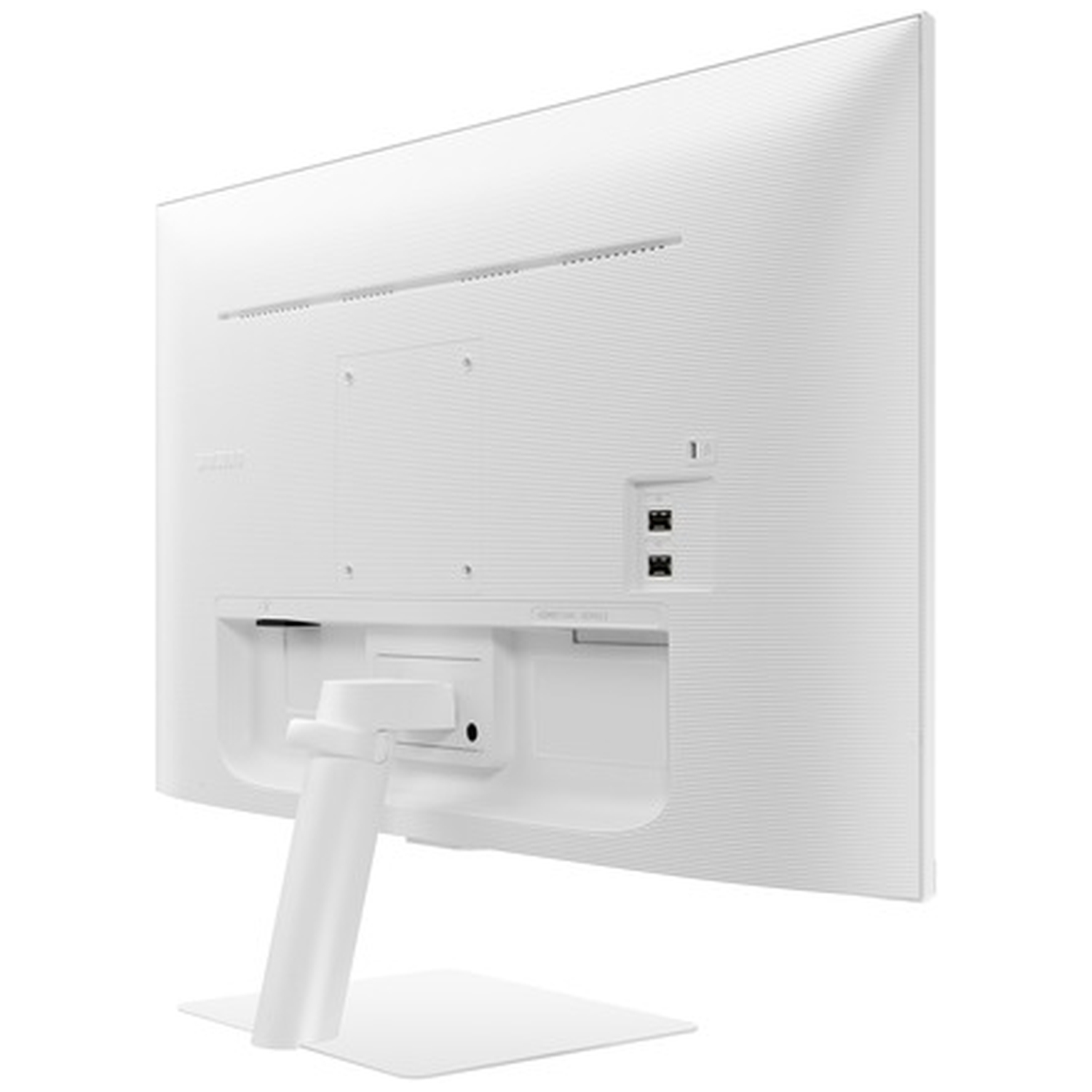 Back of a white computer monitor. It has a stand, ports, and a textured surface. The screen is angled away from the viewer.