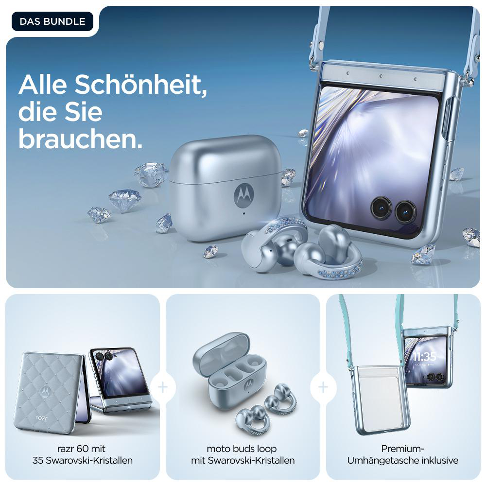 Ein Bundle-Bild mit Telefon, Ohrhörern und Hülle. Das Zubehör ist silberfarben, das Telefon zeigt die Uhrzeit. Text beinhaltet 'razr' und 'Swarovski'.