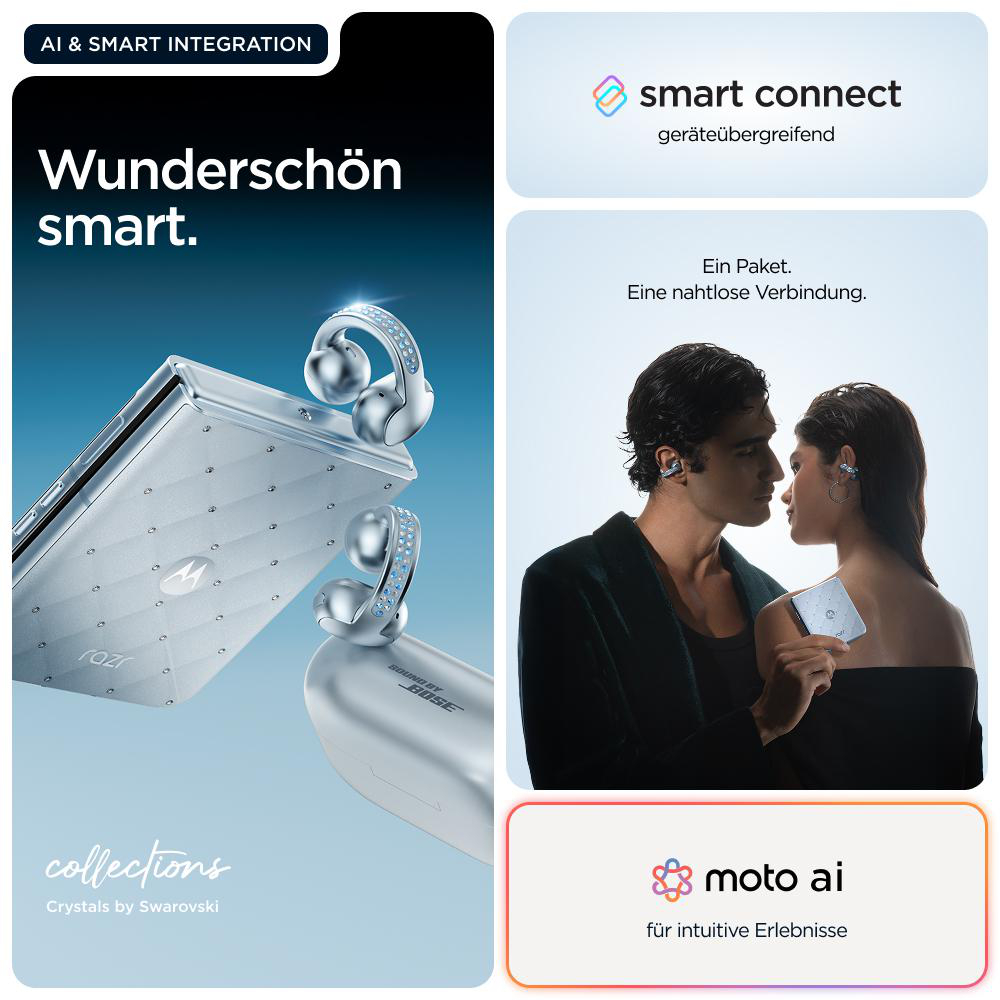 Das Bild zeigt ein Telefon, Kopfhörer und ein Paar. Telefon und Kopfhörer sind silbern. Der Text bewirbt Smart Connectivity und KI.