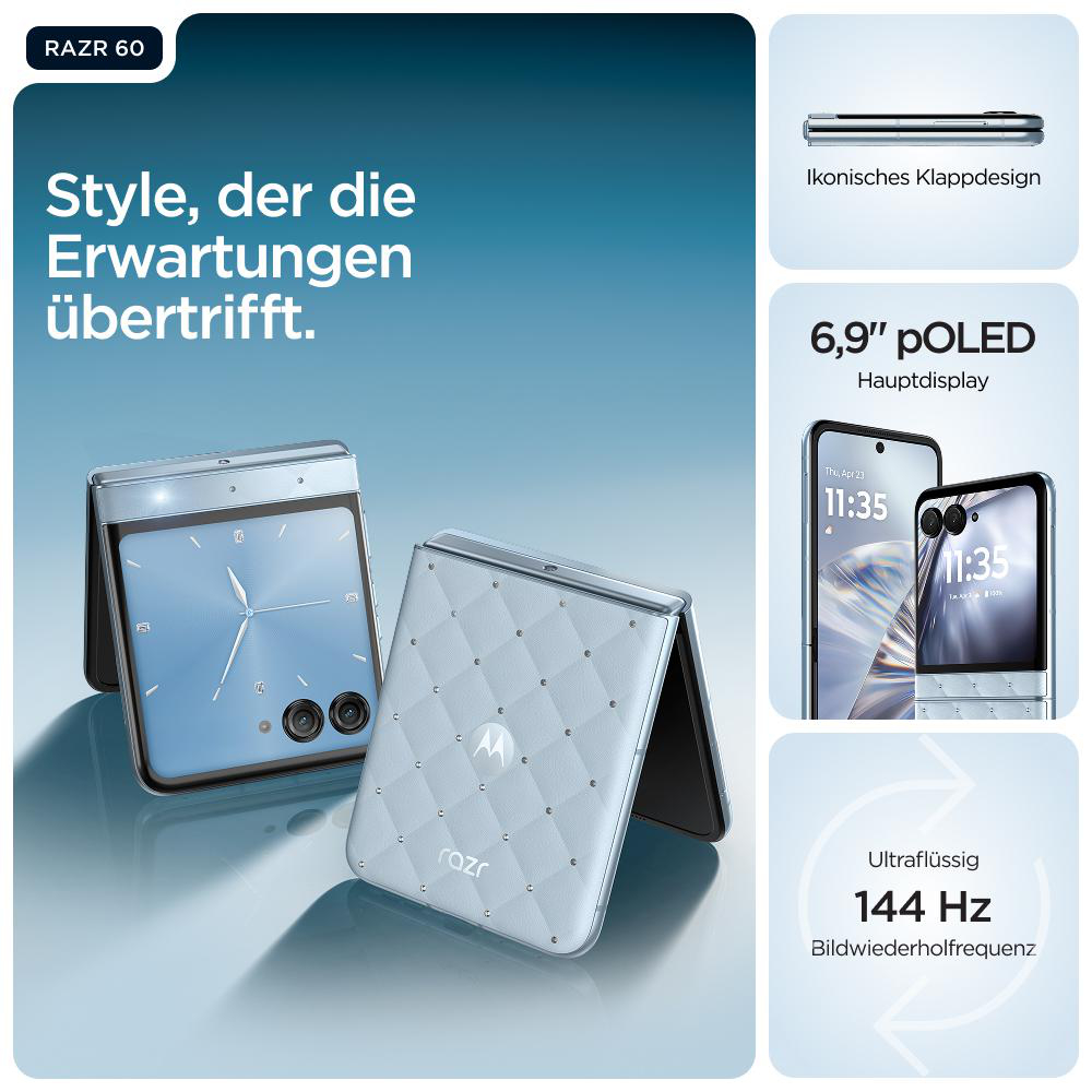 Zwei offene Motorola Razr 60 Telefone, eines mit Uhr, das andere mit Razr-Logo. Funktionen: 6,9" Display, 144 Hz Bildwiederholfrequenz.