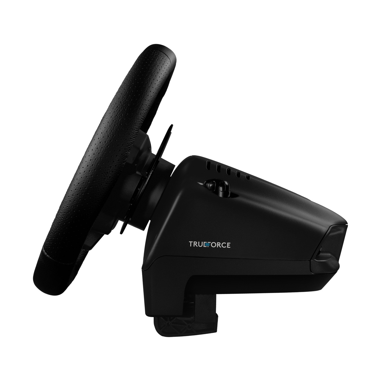Un volante da corsa Trueforce nero, angolato a sinistra. Il volante ha un'impugnatura strutturata e la base il logo Trueforce.