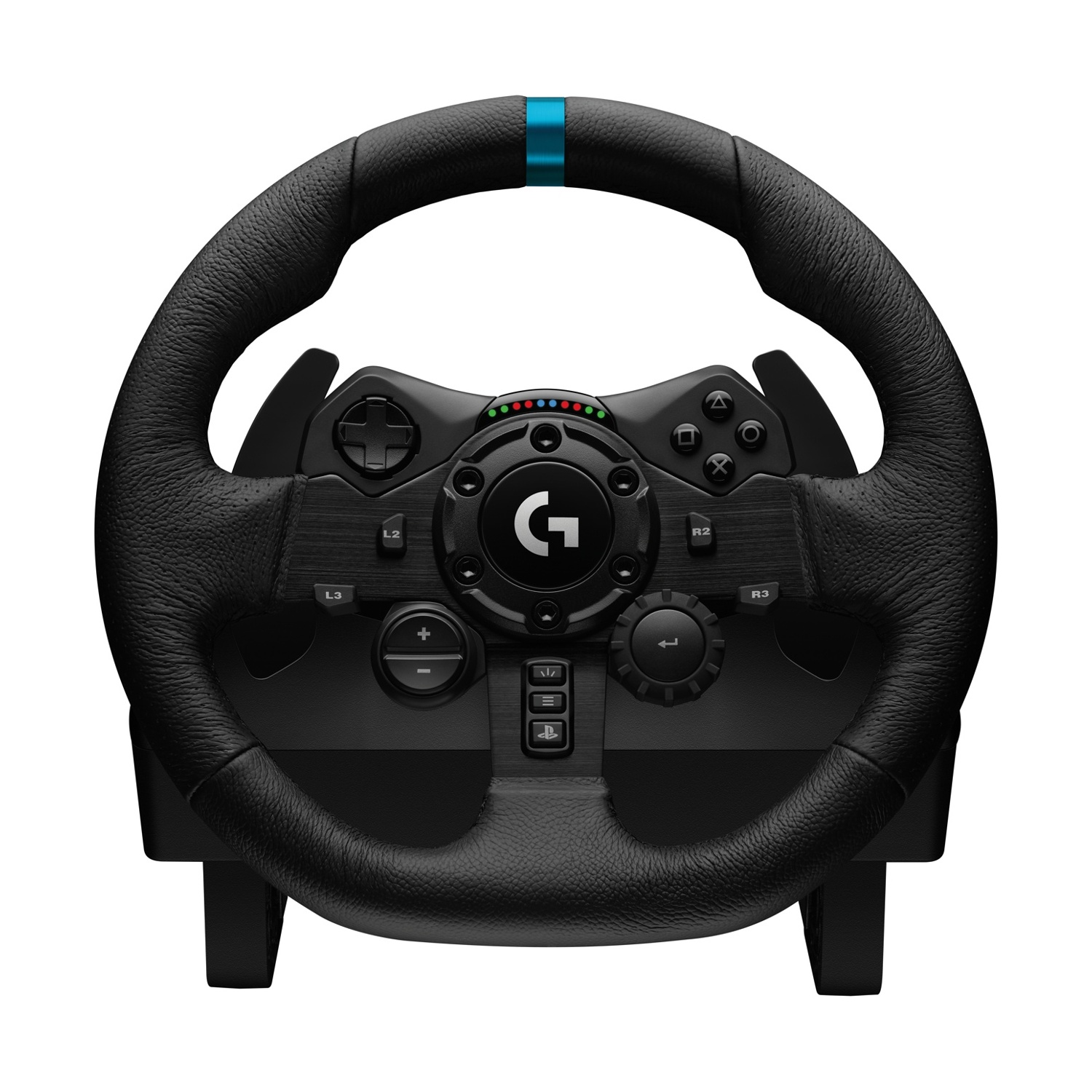 Un volante da corsa Logitech nero con pulsanti, una striscia blu e la lettera G al centro.