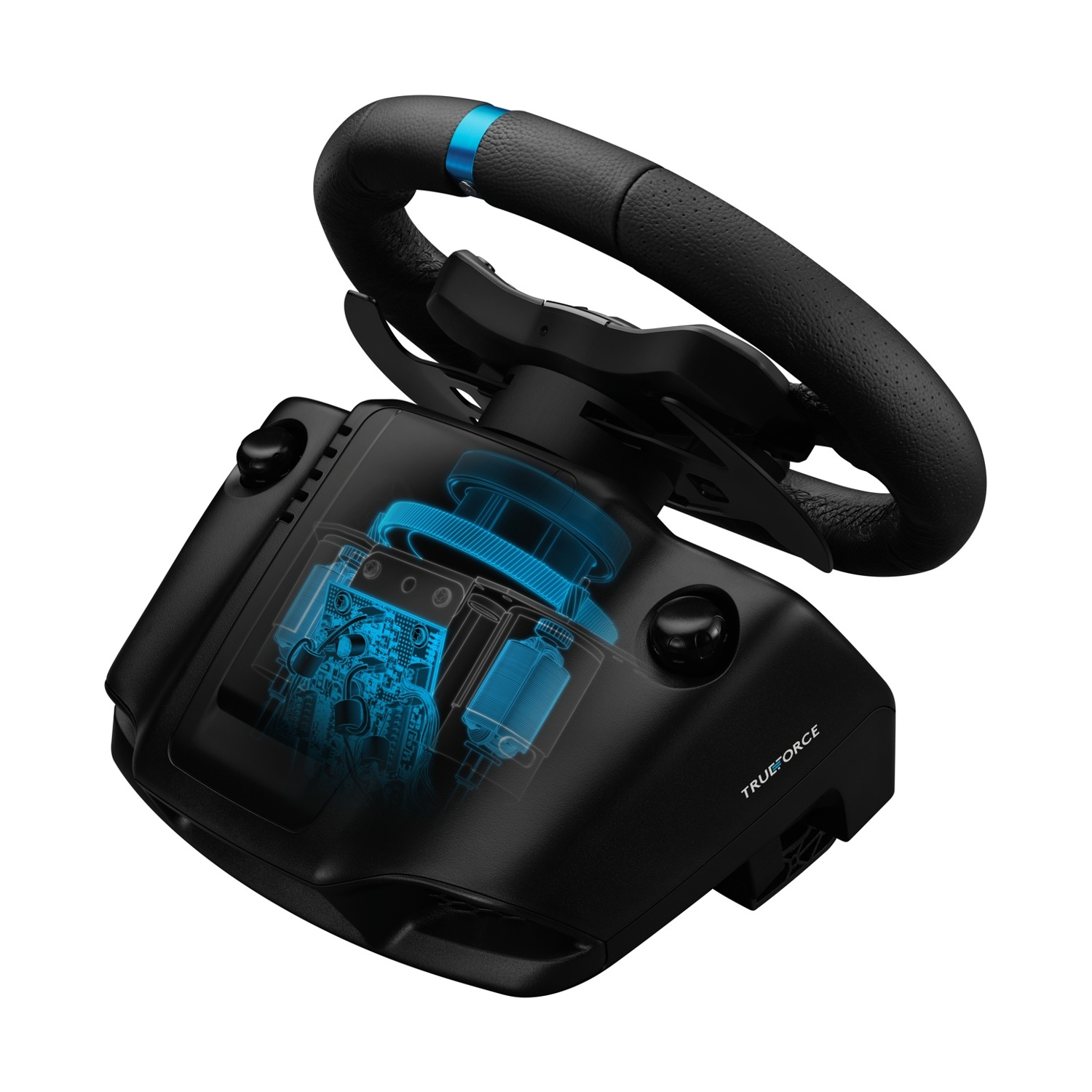 Un volante da corsa TrueForce nero. Accenti blu evidenziano i componenti interni e la parte superiore del volante. Pulsanti e paddle visibili.