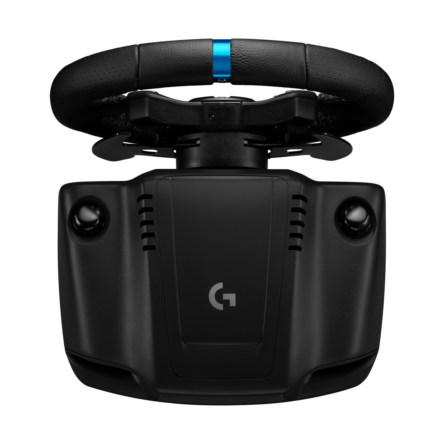 Un volante nero con impugnatura perforata e accento blu. La base presenta pulsanti e il logo 'G' di Logitech.
