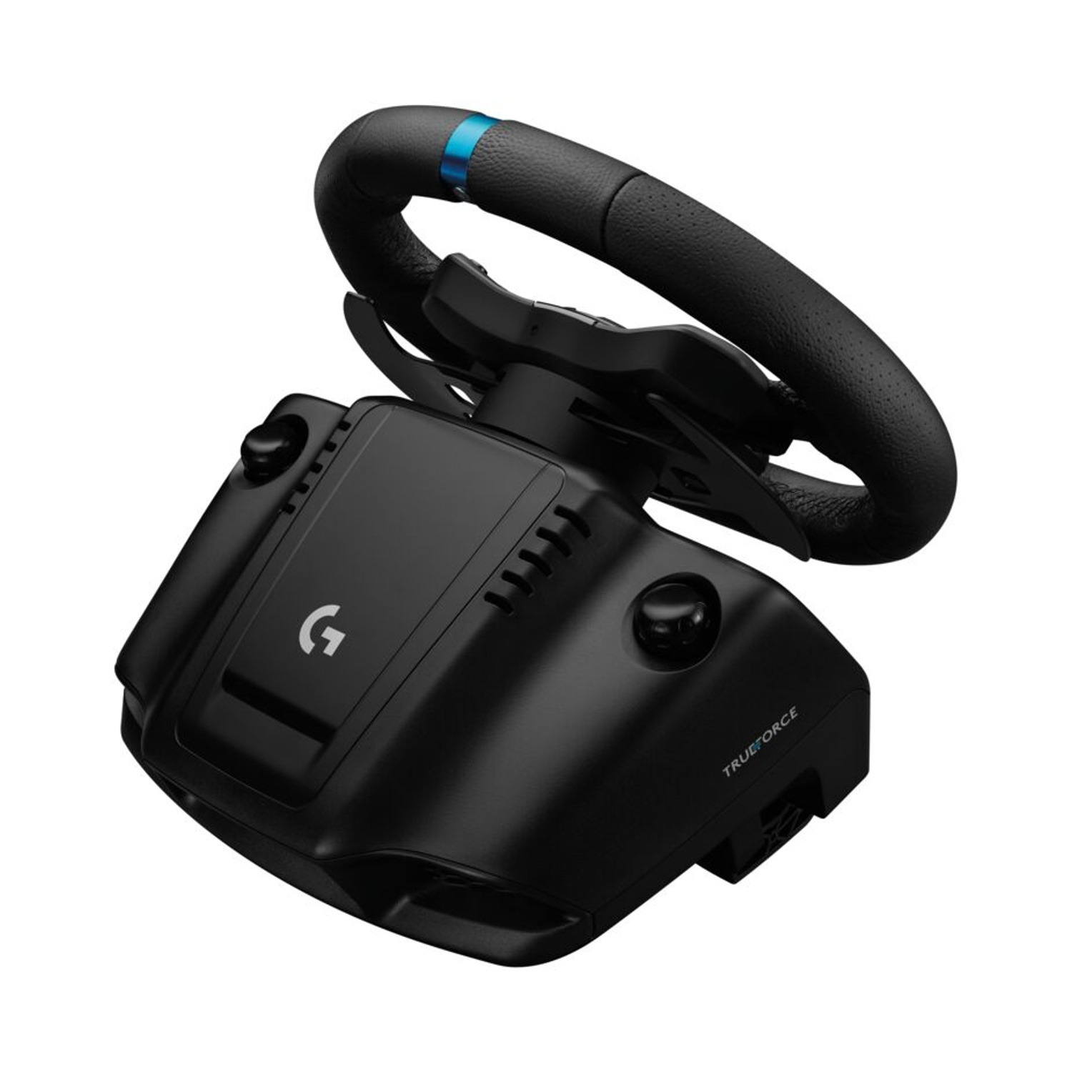 Un volante da gioco nero con impugnatura in pelle nera e dettagli blu, la base ha pulsanti e il logo Logitech.