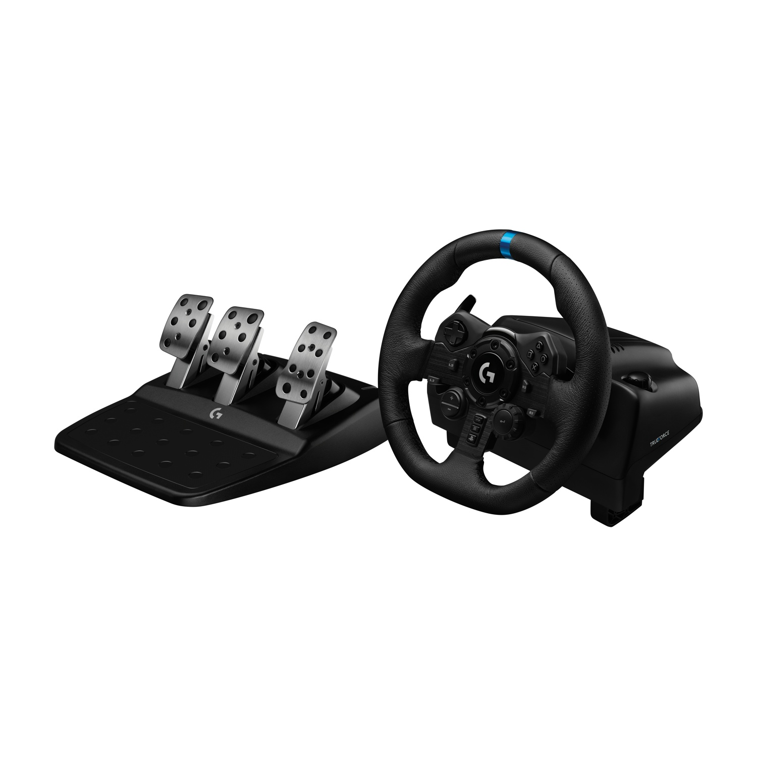 Un volante da corsa nero con pedali. Il volante ha pulsanti e una striscia blu. I pedali includono acceleratore, freno e frizione.