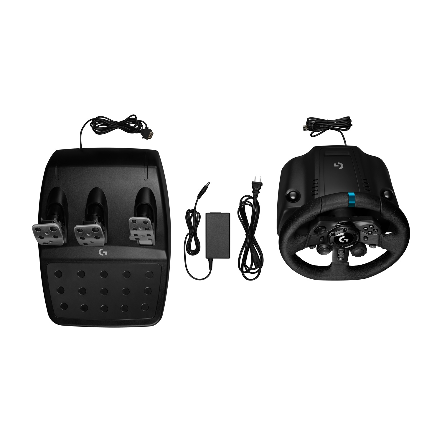 Un set volante da corsa Logitech nero con pedali. Include volante, pedali, alimentatore. Sfondo bianco.