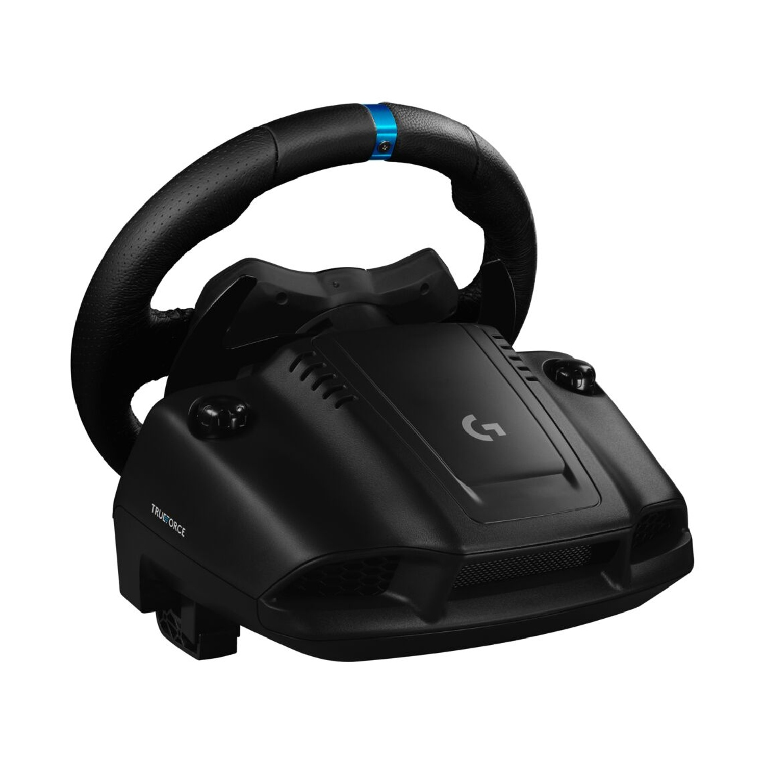 Un volante da corsa Logitech nero con una striscia blu. Ha un'impugnatura in pelle nera e la parola TRUFORCE è visibile. La lettera G è al centro.