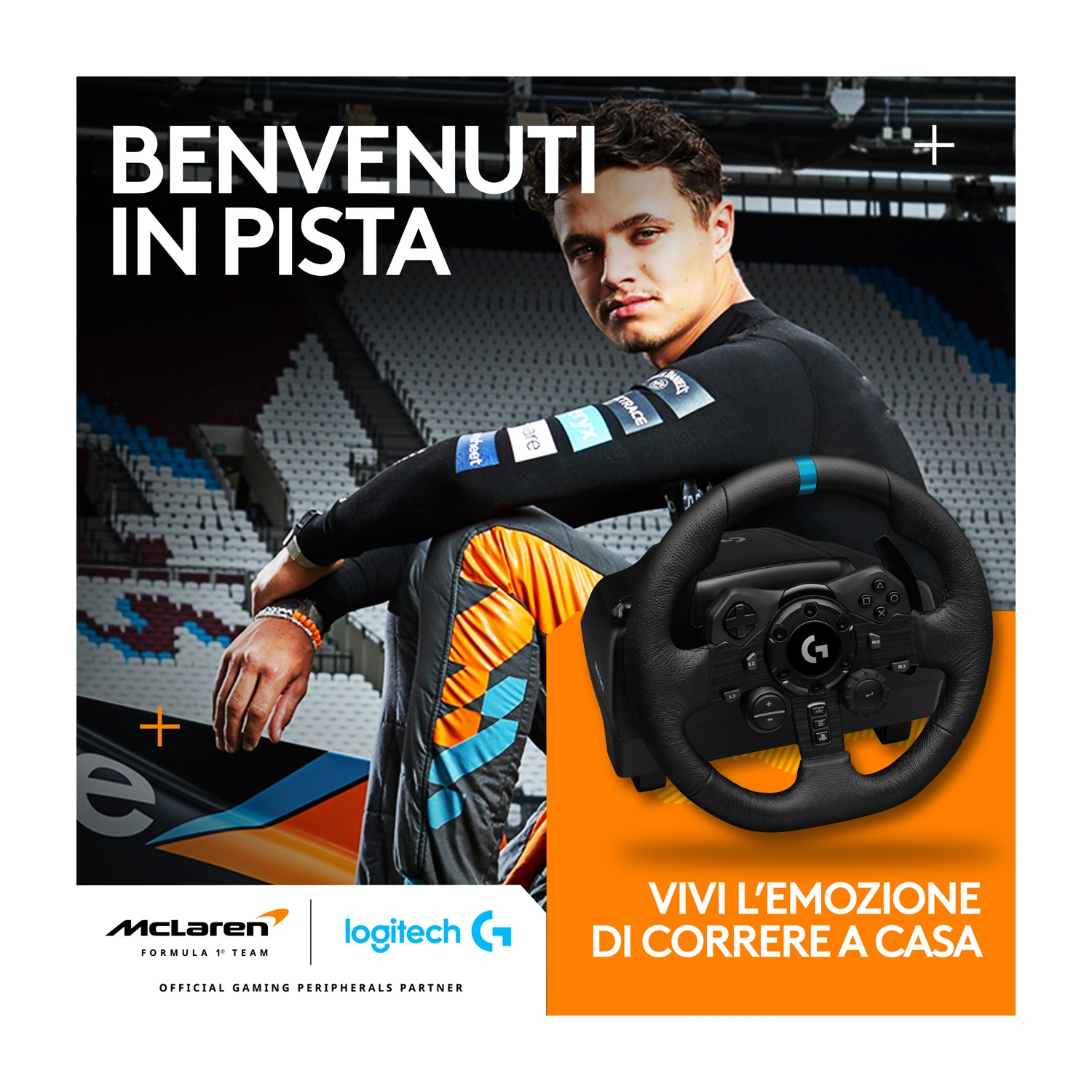 Uomo in tuta da corsa McLaren, con volante. Testo: 'Benvenuti in pista' e 'Vivi l'emozione di correre a casa'.