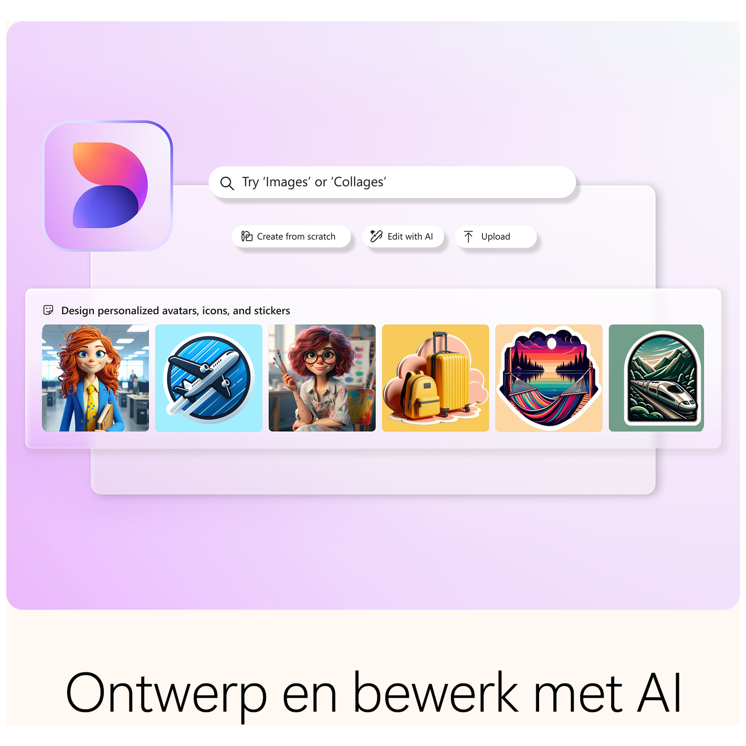 Interface with prompts for images and collages, creation options, and AI-designed avatars, icons, and stickers. Dutch text at bottom.