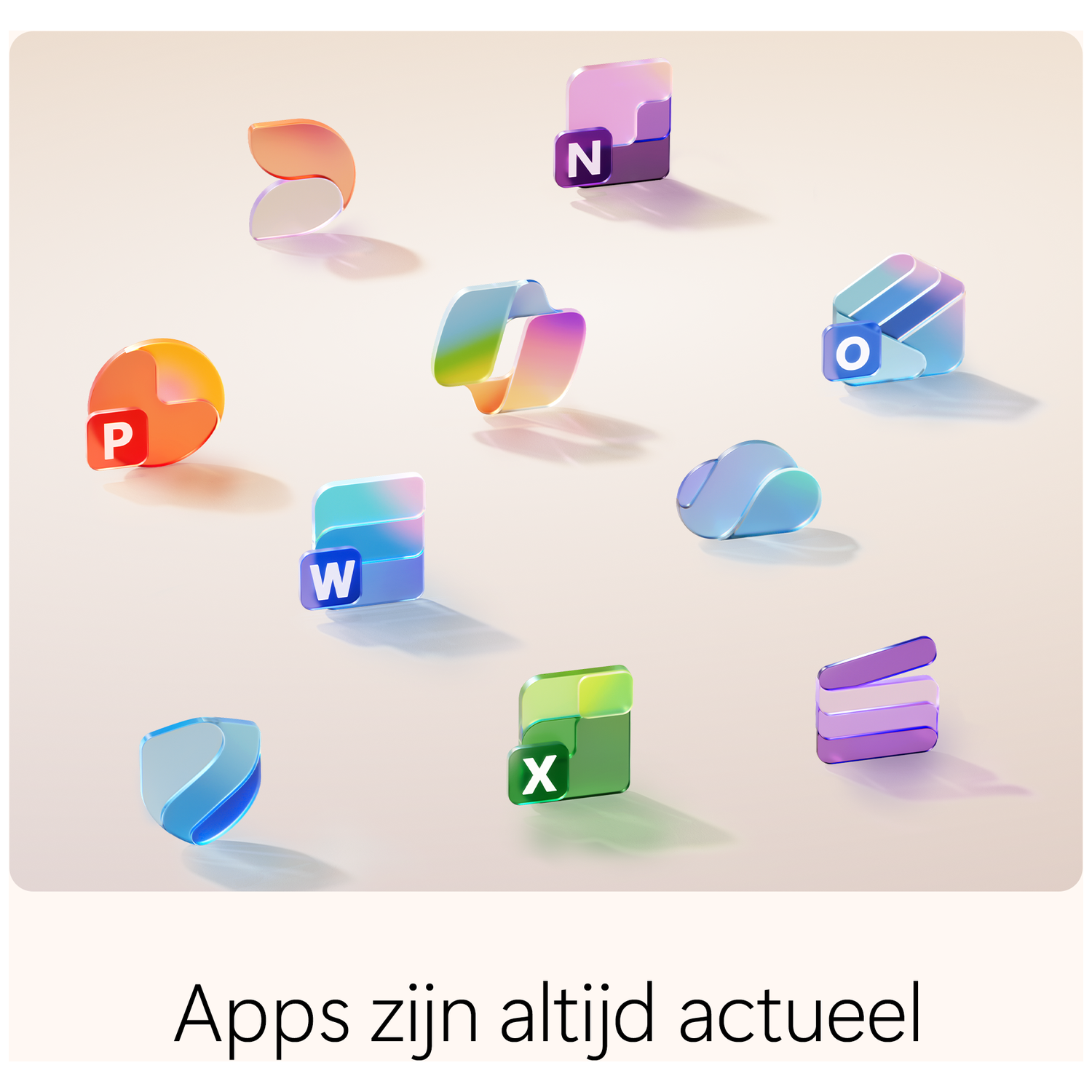 Colorful icons of apps like Word, Excel, and Outlook are arranged on a light background. The text 'Apps zijn altijd actueel' is below.