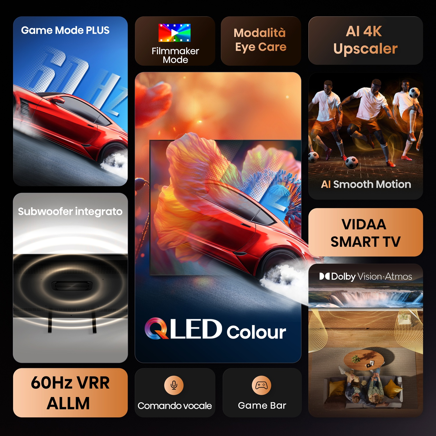 Uno schermo TV con funzioni come Modalità Gioco, Upscaler 4K e Dolby Vision. Include immagini di un'auto, calciatori e persone su un divano.