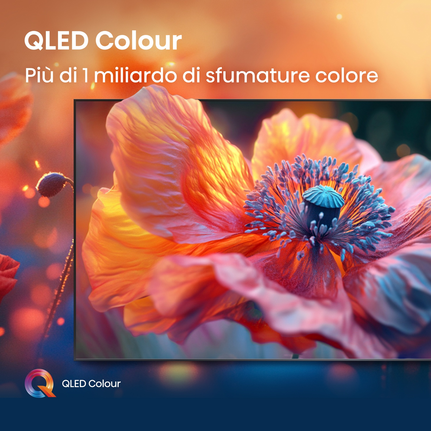Primo piano di un fiore con petali arancioni, centro blu e sfondo scuro. Il testo 'QLED Color' è in alto.