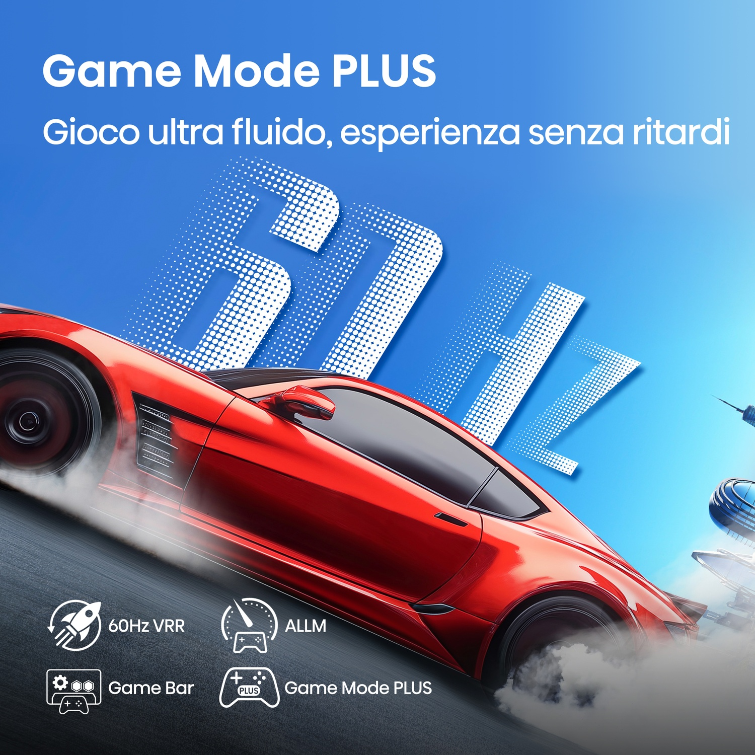 Auto sportiva rossa in corsa su pista. Testo Game Mode Plus e icone per 60Hz VRR, ALLM, Game Bar e Game Mode Plus visibili.
