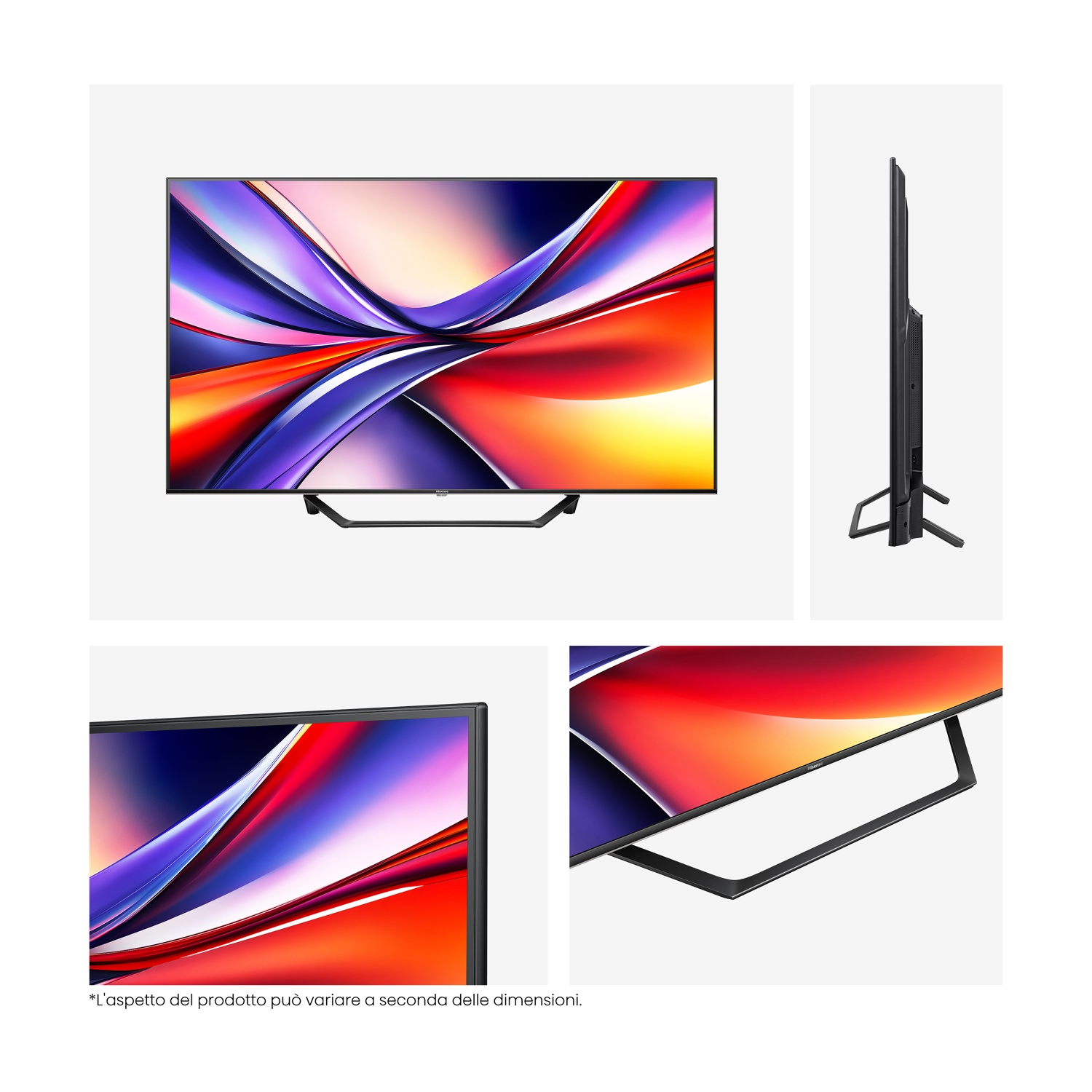 Una TV nera con un display astratto colorato. Ha un supporto nero. I dettagli includono viste laterali e ravvicinate.