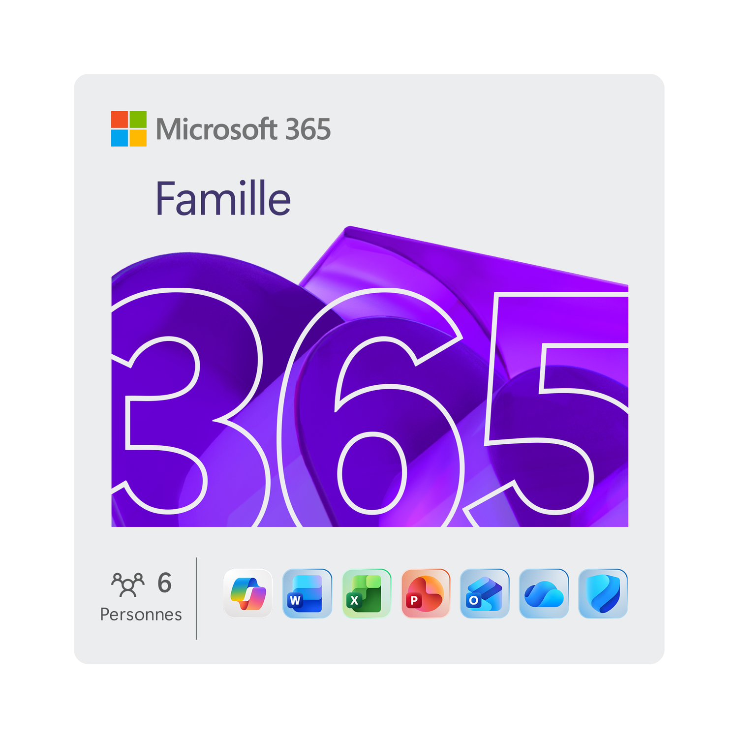Visuel Microsoft 365 Famille. 365 violet, texte Famille, icône 6 utilisateurs, icônes applications Outlook, Word, etc.