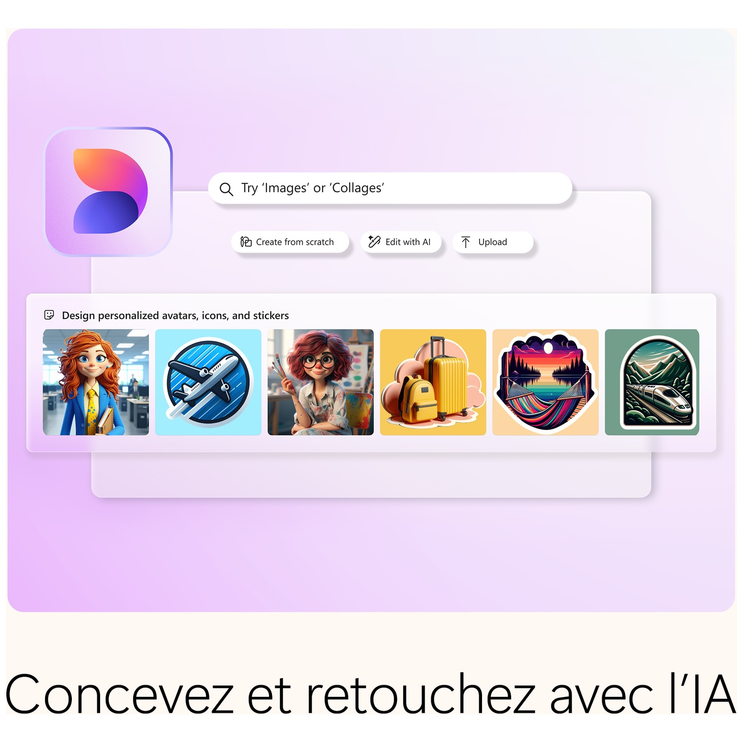Interface avec icônes et texte : 'Essayer Images ou Collages', 'Créer à partir de zéro', 'Modifier avec IA' et 'Télécharger'. Exemples d'avatars en dessous.
