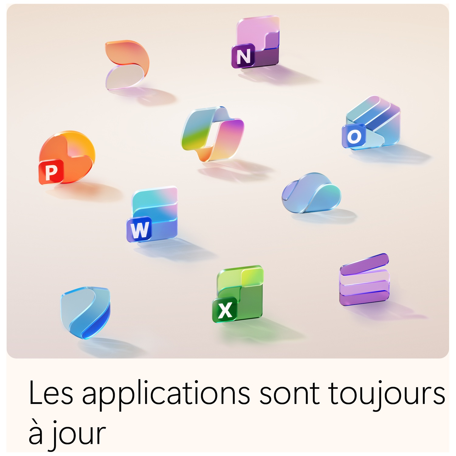 Icônes colorées d'applications Microsoft sur fond clair. Texte : 'Les applications sont toujours à jour'.