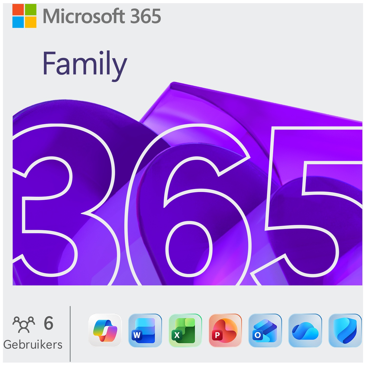 Microsoft 365 Family logo. Grote paarse '365' met witte omtrek. Pictogrammen voor Word, Excel, PowerPoint, Outlook en clouddiensten worden getoond.