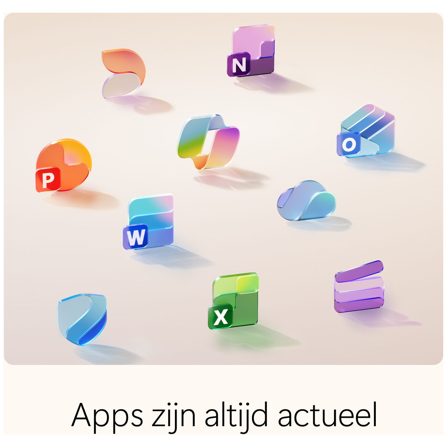 Afbeelding toont diverse app-pictogrammen, waaronder Word, Excel, PowerPoint en Outlook, in een kleurrijke 3D-stijl.