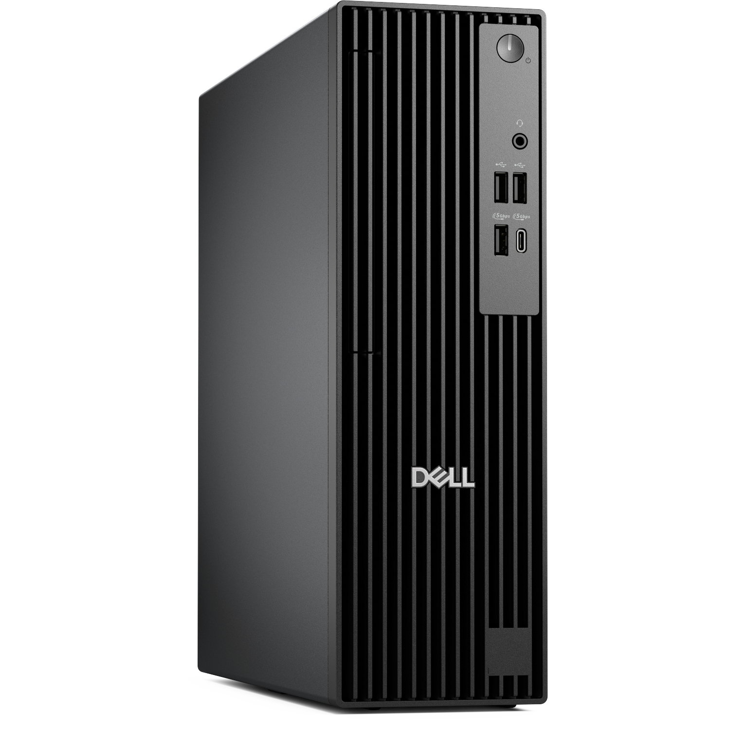 Ein schwarzer Dell-Desktop-Computer. Er hat vertikale Linien auf der Vorderseite, das Dell-Logo und verschiedene Anschlüsse.