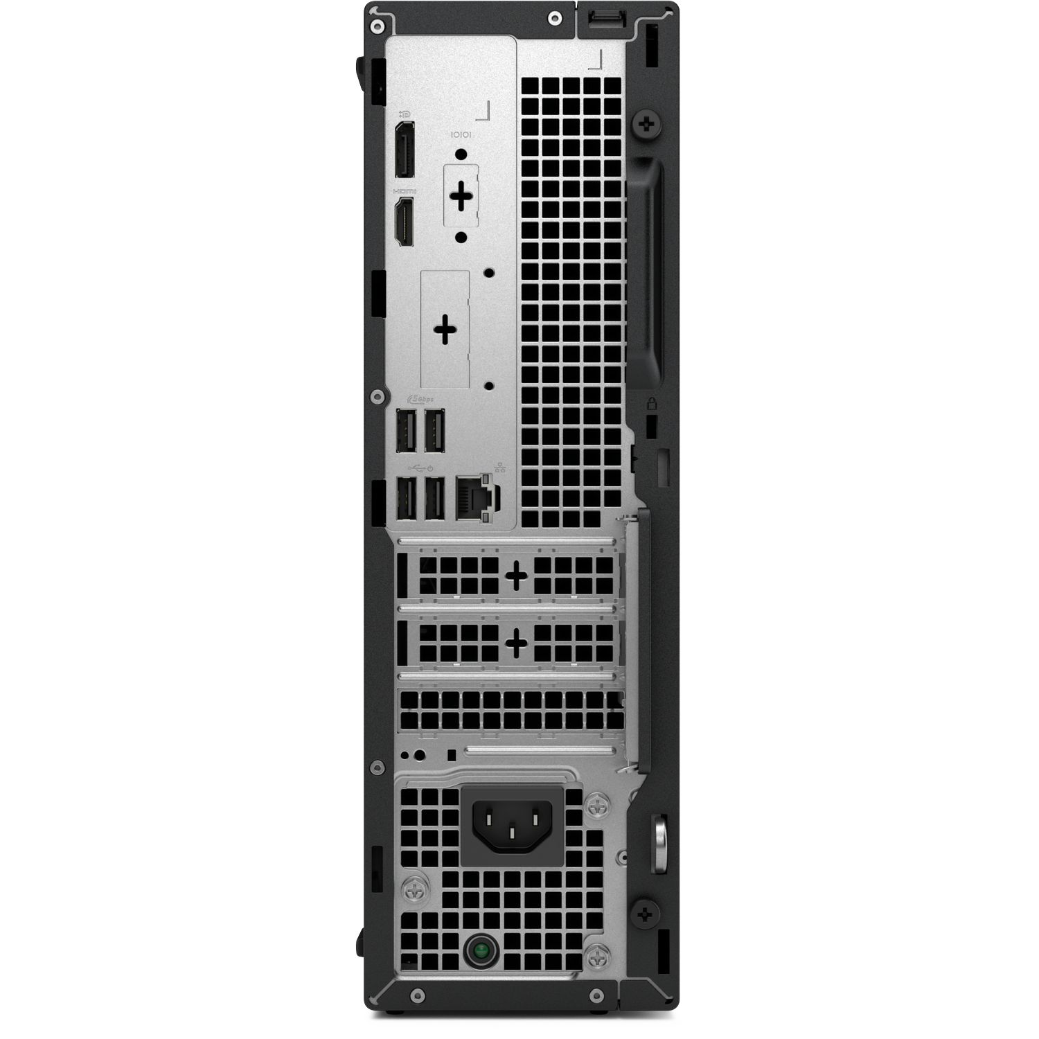 Die Rückseite eines schwarzen Desktop-Computers wird gezeigt. Es hat mehrere Anschlüsse, Lüftungsschlitze und einen Stromanschluss.