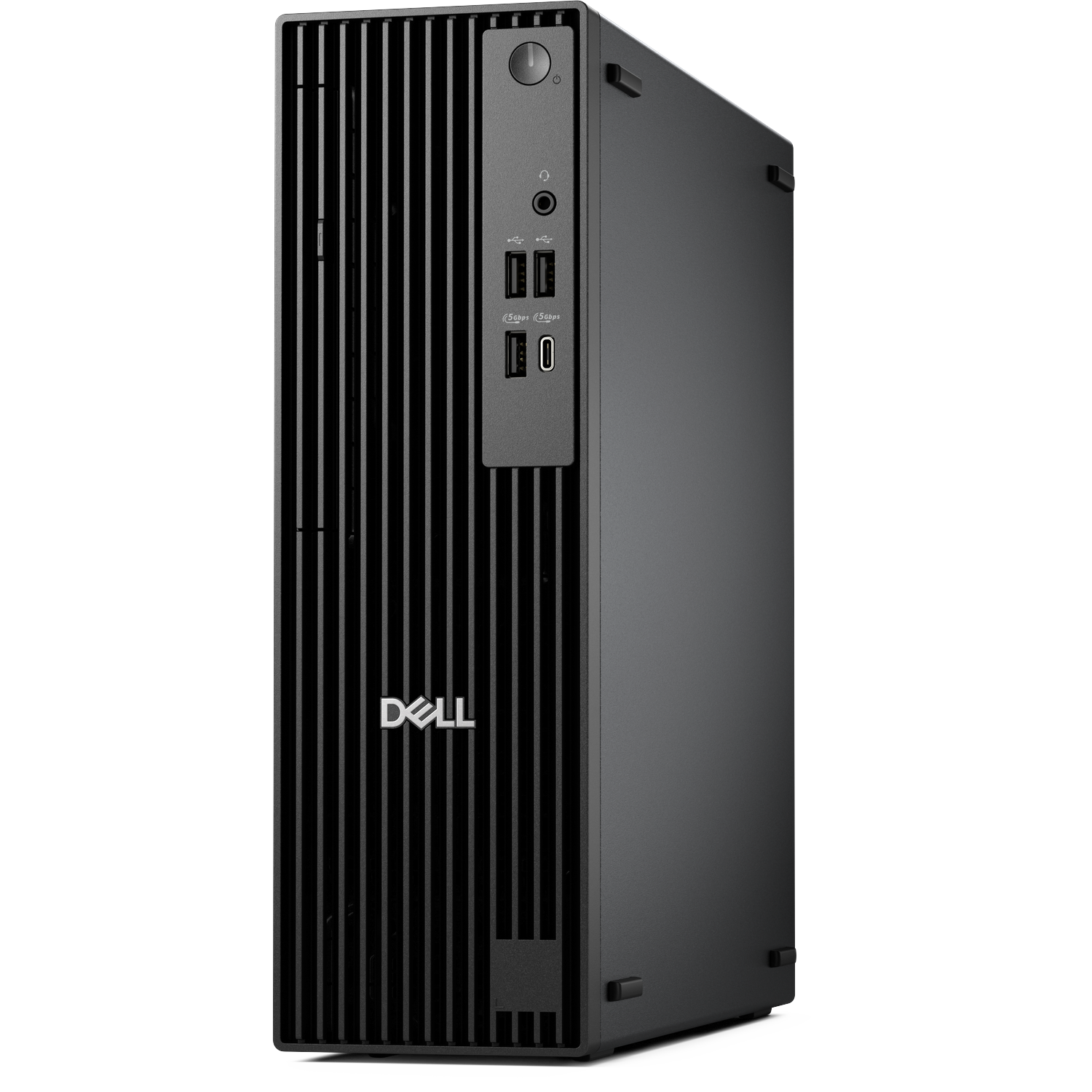 Ein schwarzer Dell-Desktop-Computer. Er hat ein vertikales Design mit einer Frontplatte mit USB-Anschlüssen und dem Dell-Logo.