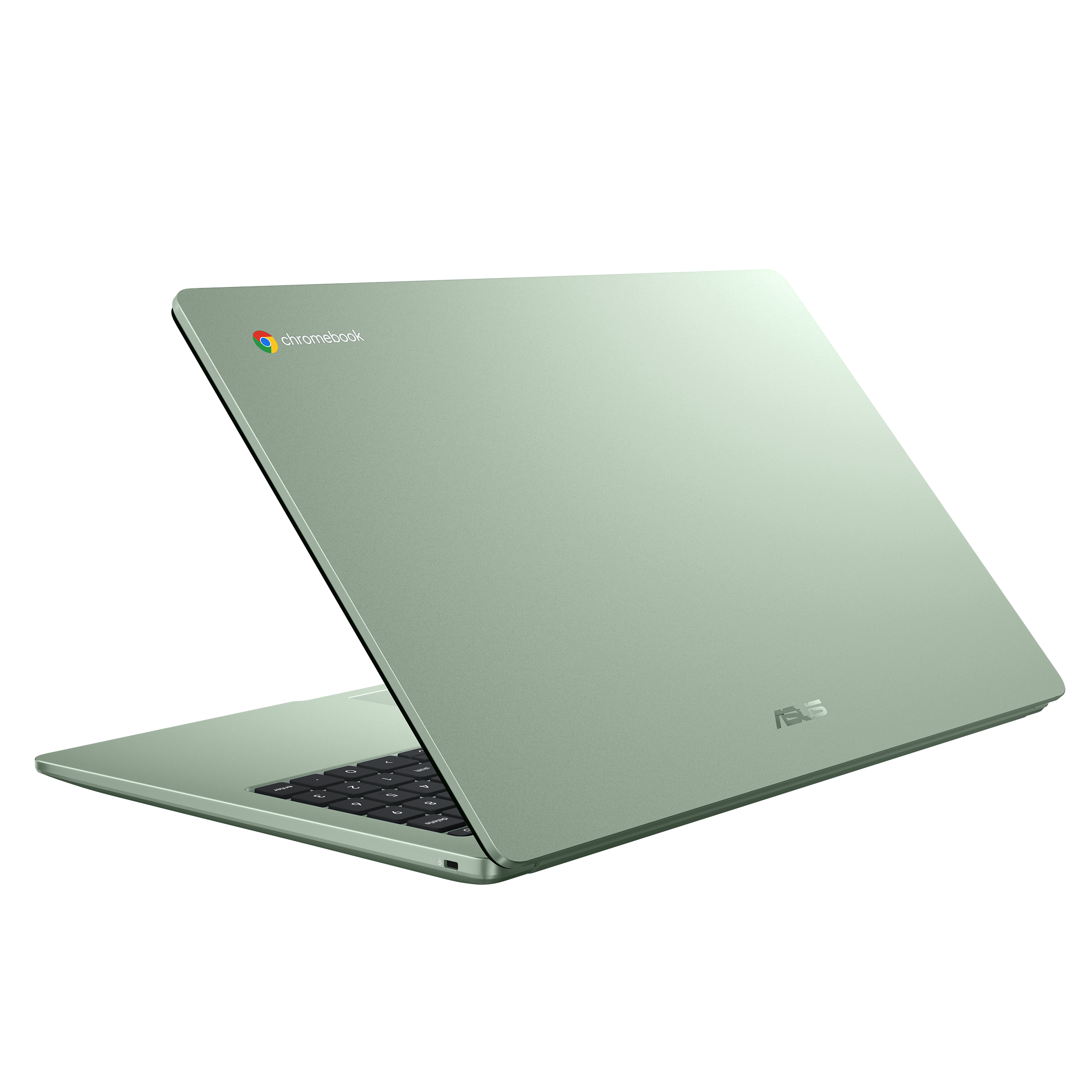 Grünes Asus Chromebook Laptop. Der Bildschirm ist geöffnet und gibt die Tastatur frei.