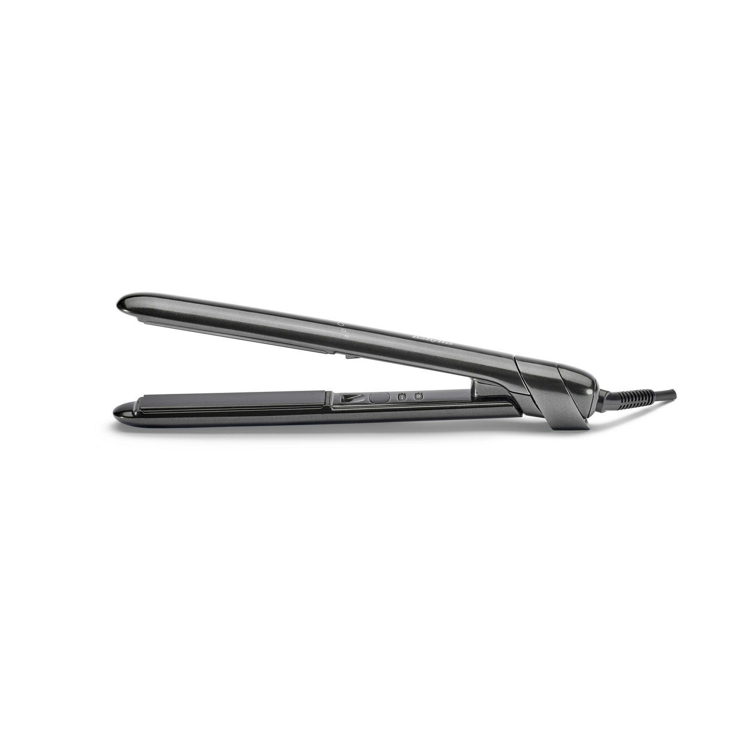 Una plancha de pelo gris, abierta y en ángulo. Está sobre un fondo blanco. El cable es negro y en espiral.