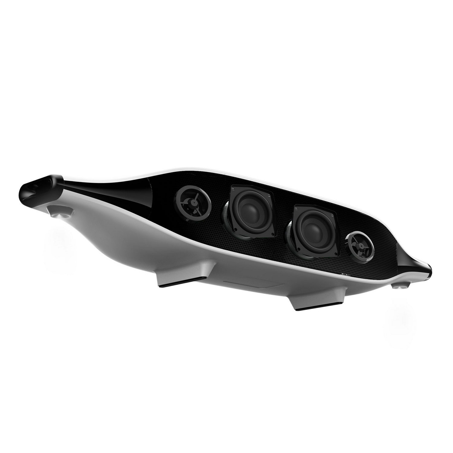 Un sistema de altavoces blanco y negro con múltiples altavoces, una parte frontal de malla y un diseño curvo único.
