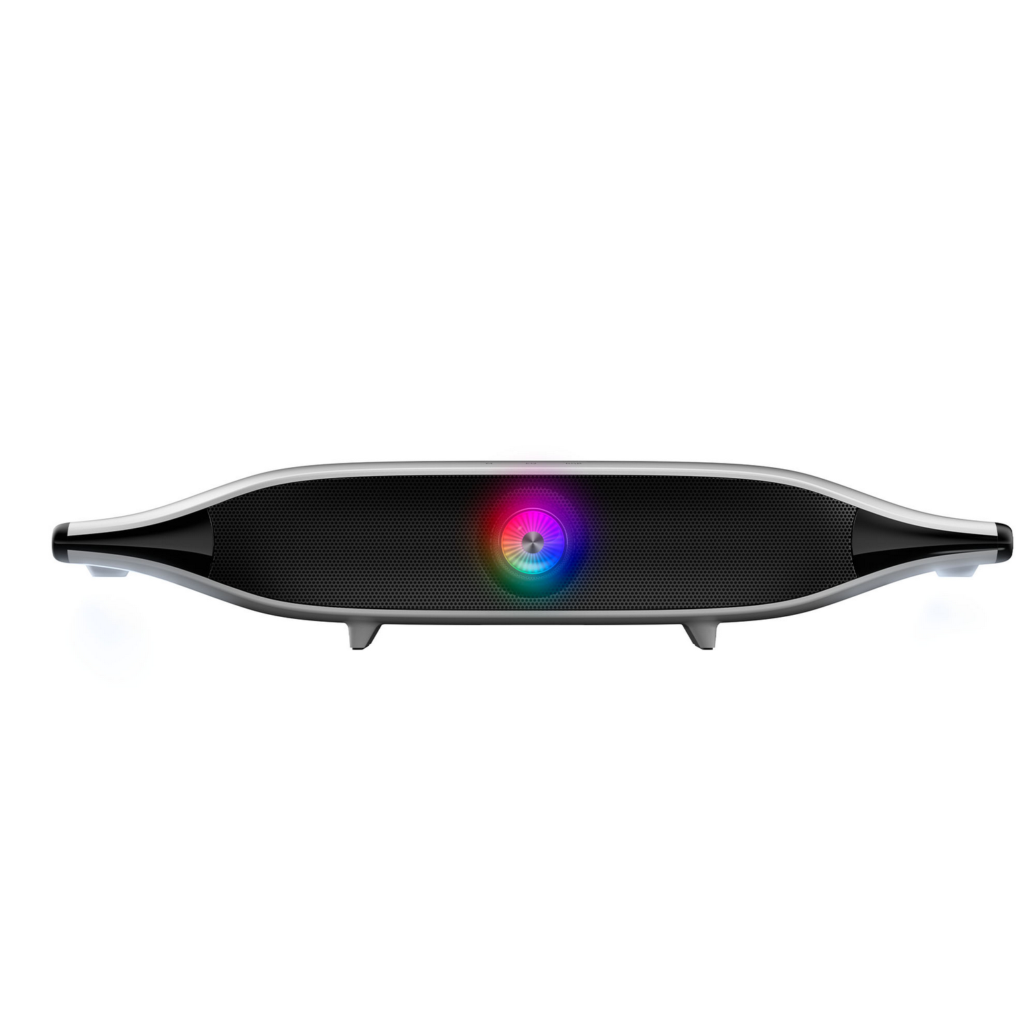 Una elegante barra de sonido negra y plateada con un altavoz central y una pantalla de luz circular y colorida sobre un fondo blanco.