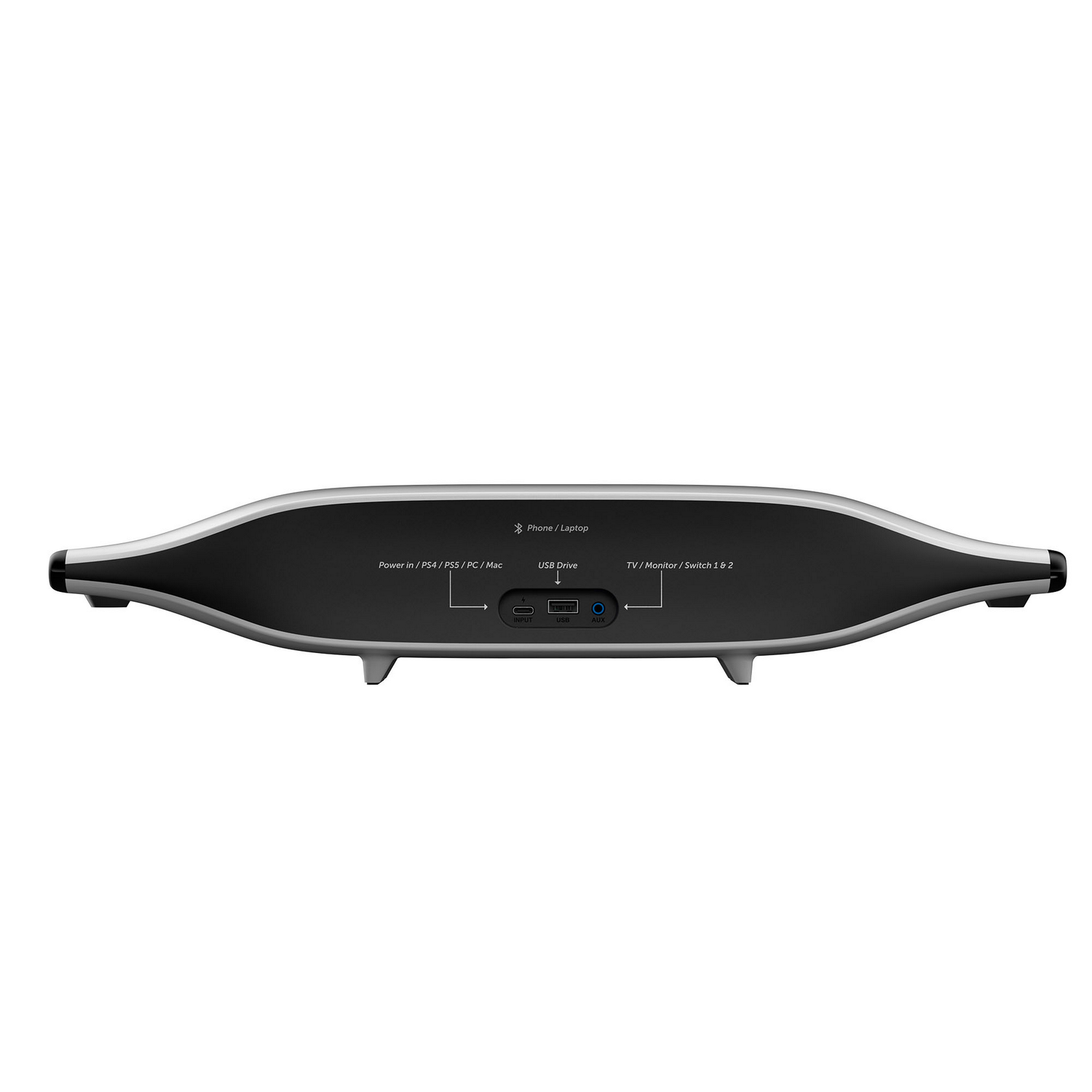 Una barra de sonido negra y plateada con puertos de entrada y etiquetas para alimentación, USB y TV/Monitor. Incluye símbolos de Teléfono/Laptop y Unidad USB.