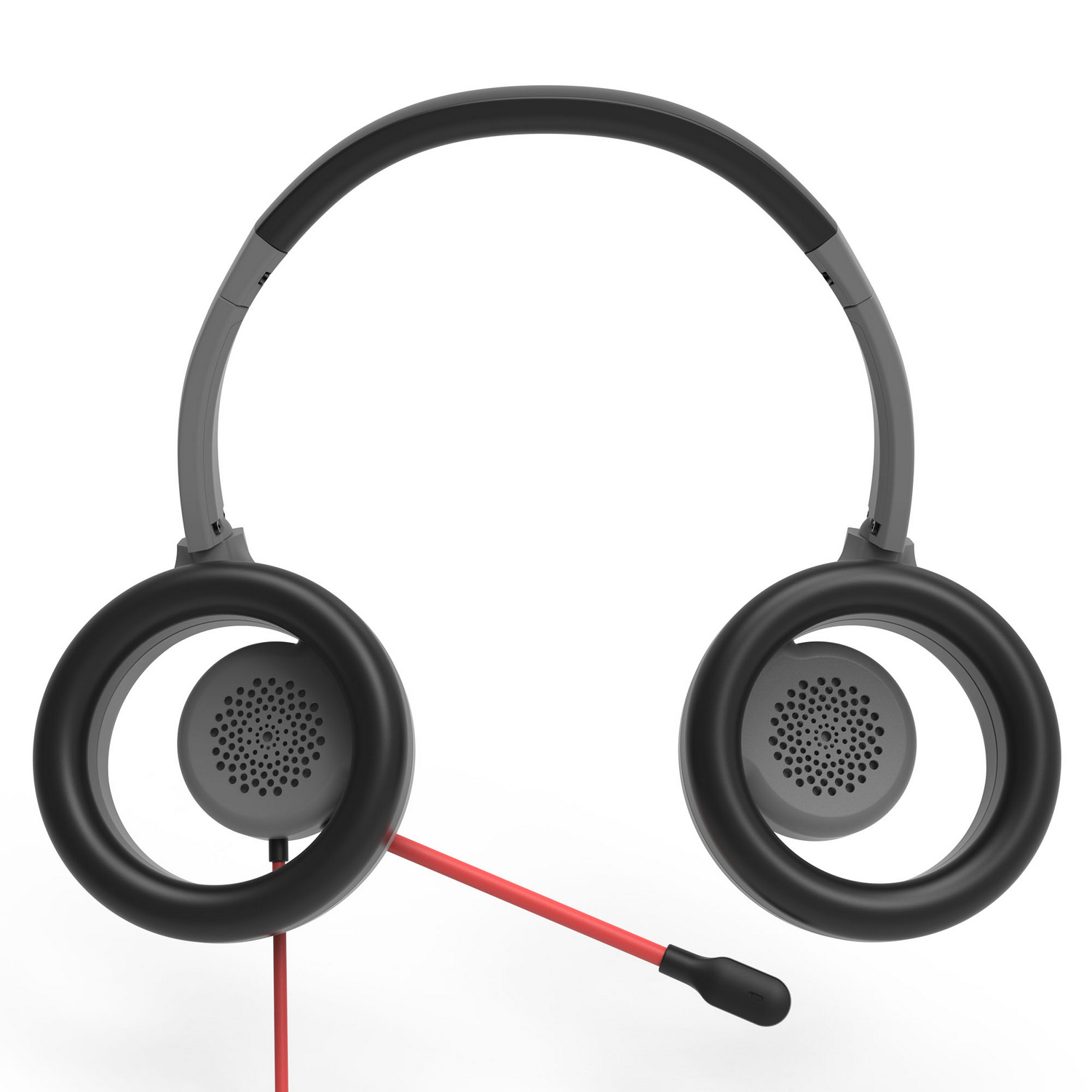 Auriculares con marco y auriculares negros, cubiertas de altavoz grises, micrófono rojo y punta de micrófono negra. El fondo es blanco.