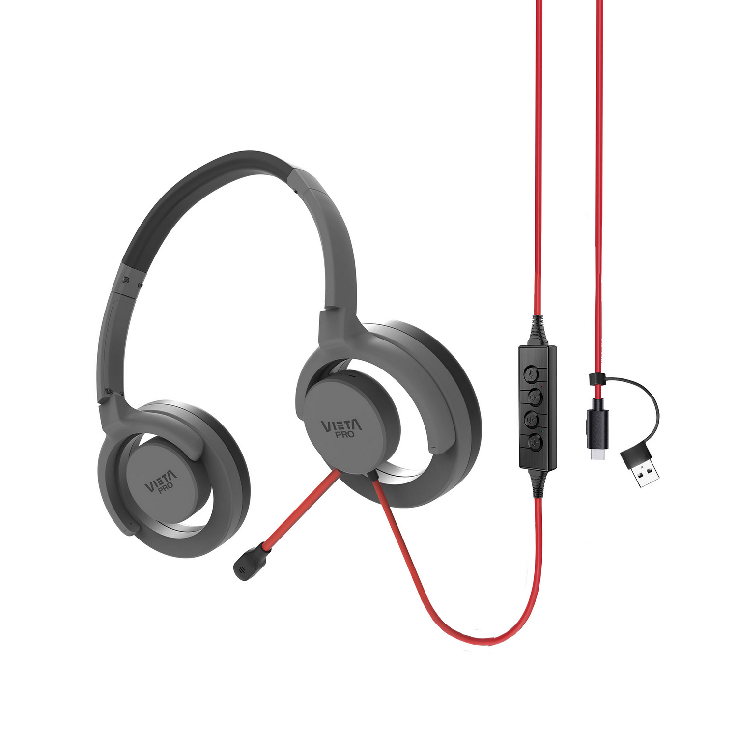 Auriculares grises Vista Pro con cables rojos y conector USB sobre fondo blanco.