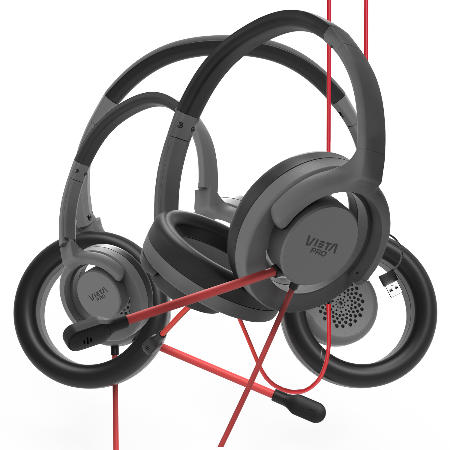 Varios auriculares grises y negros con cables rojos, etiquetados como 'VIETA PRO', están colocados sobre un fondo gris abstracto.