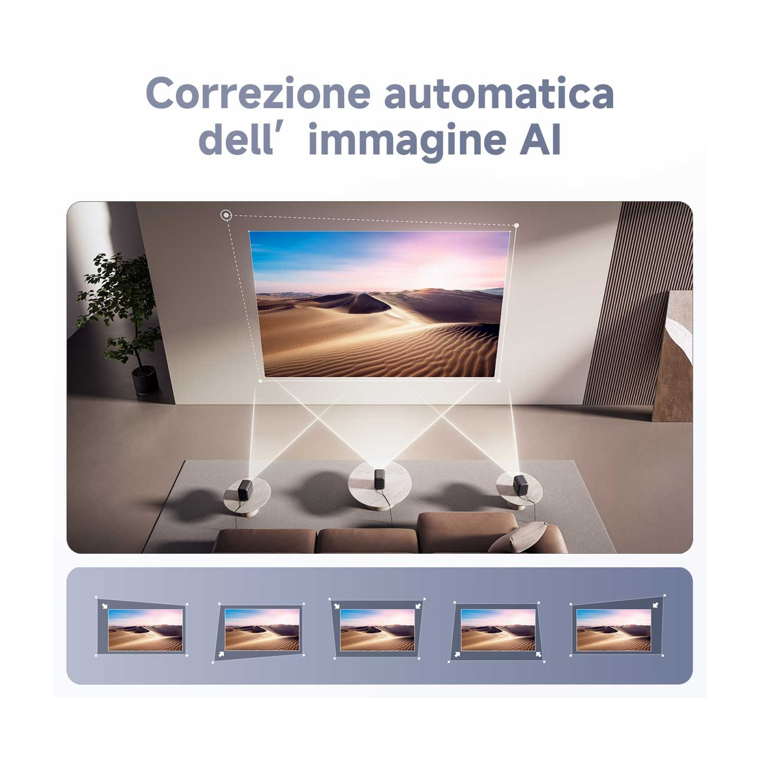 L'immagine mostra un proiettore che mostra una scena del deserto, con più immagini più piccole che mostrano la correzione dell'immagine.