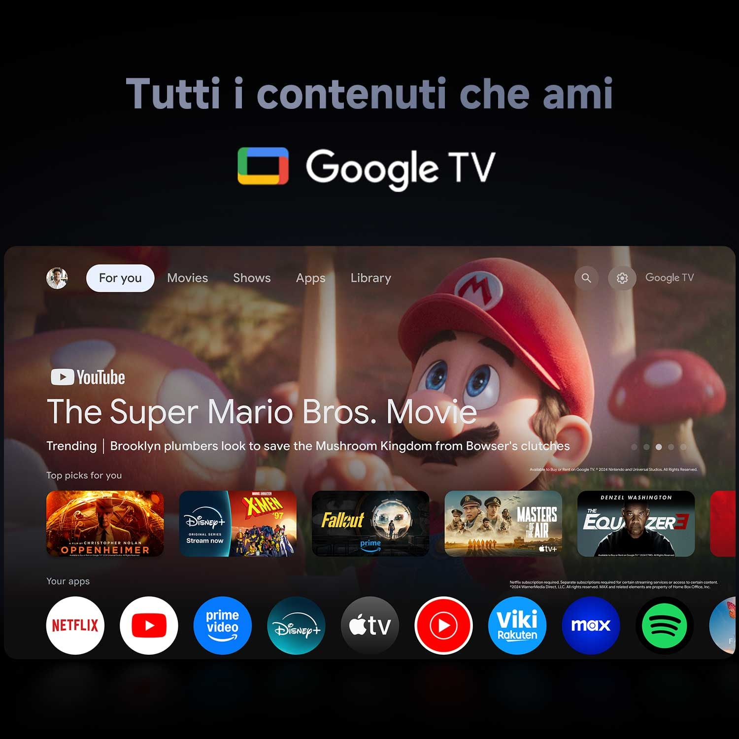 Interfaccia Google TV con 'The Super Mario Bros. Movie'. App come Netflix, YouTube visibili. Il volto di Mario è sullo schermo.