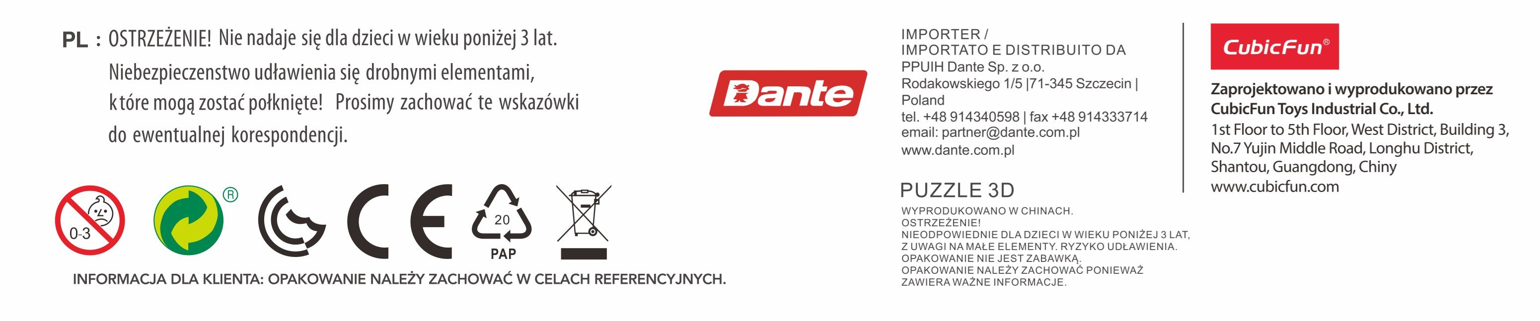 Etykieta ostrzegawcza z tekstem, symbolami i logo firm, w tym CubicFun i Dante. Zawiera informacje dotyczące bezpieczeństwa.